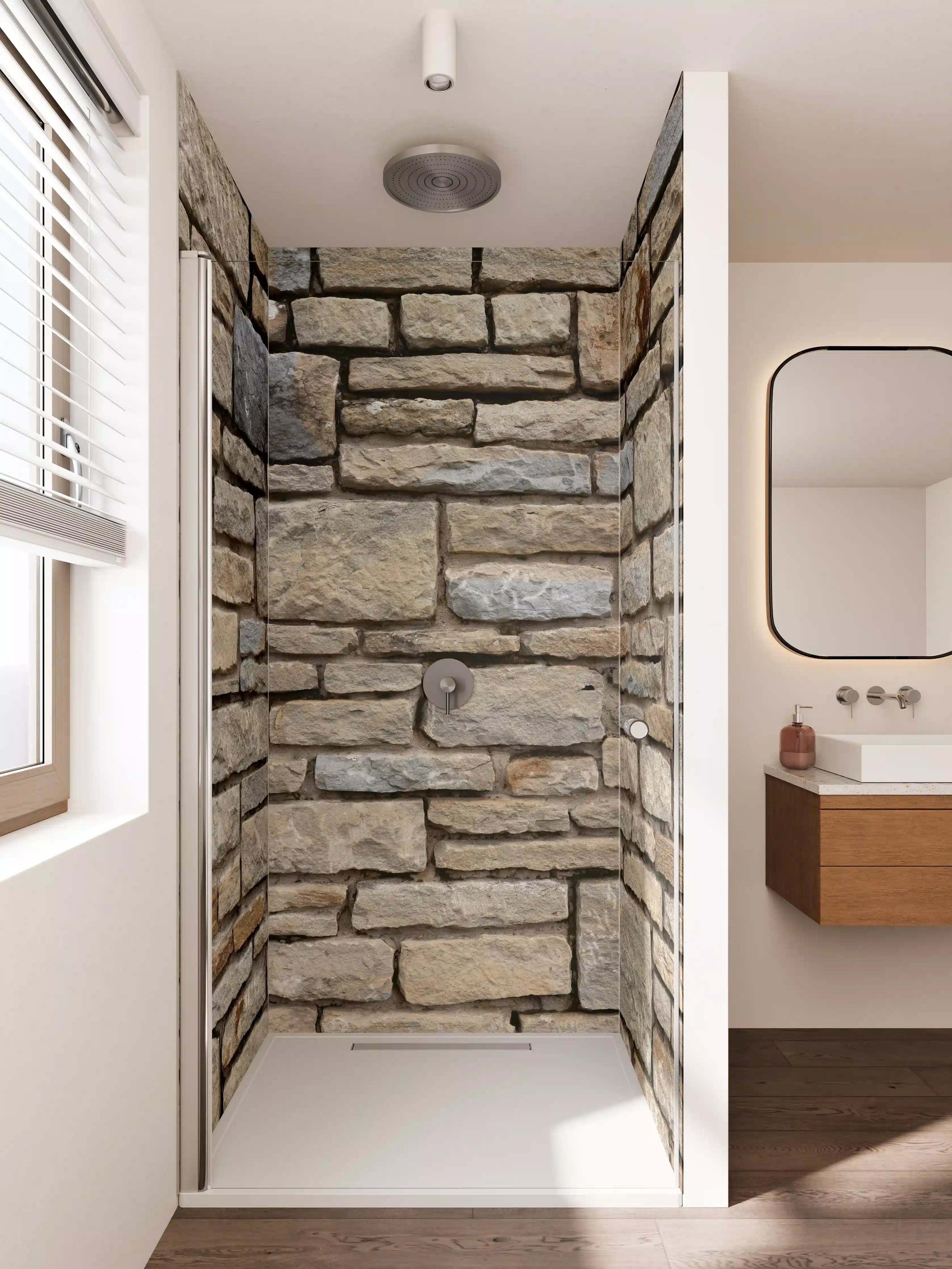 Duschrückwand - Natürliche Steinmauer in Erdtönen