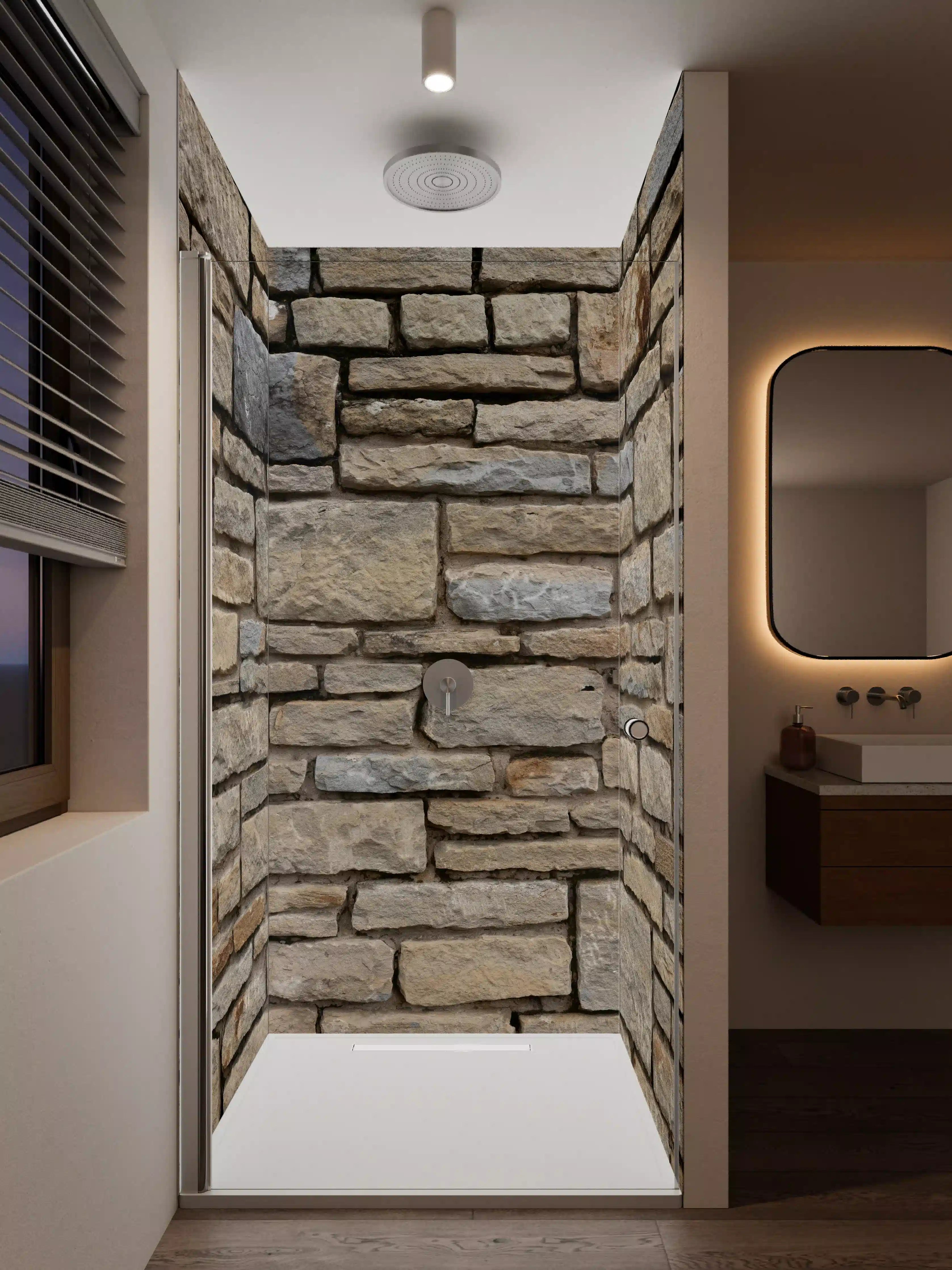 Duschrückwand - Natürliche Steinmauer in Erdtönen