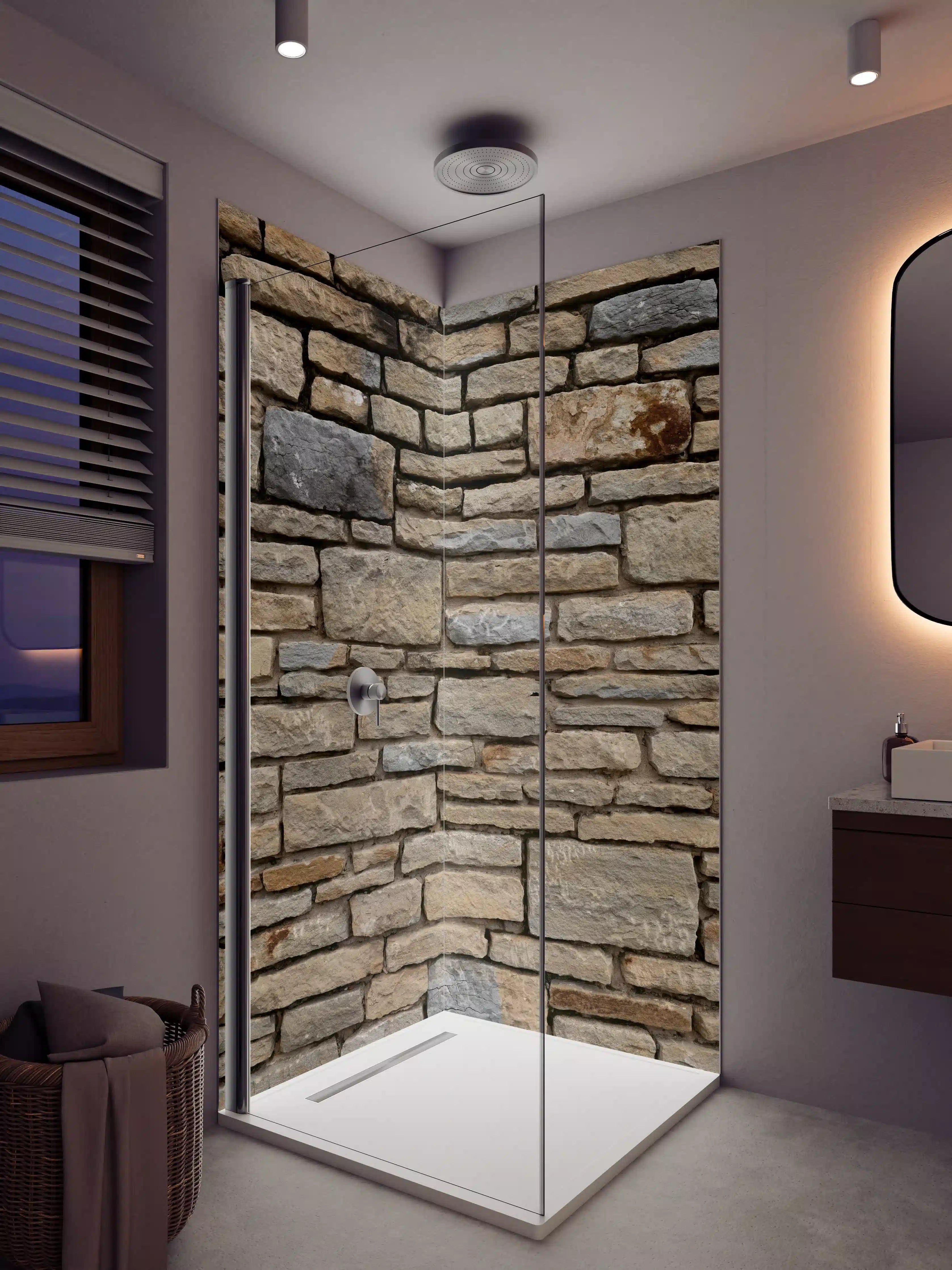 Duschrückwand - Natürliche Steinmauer in Erdtönen