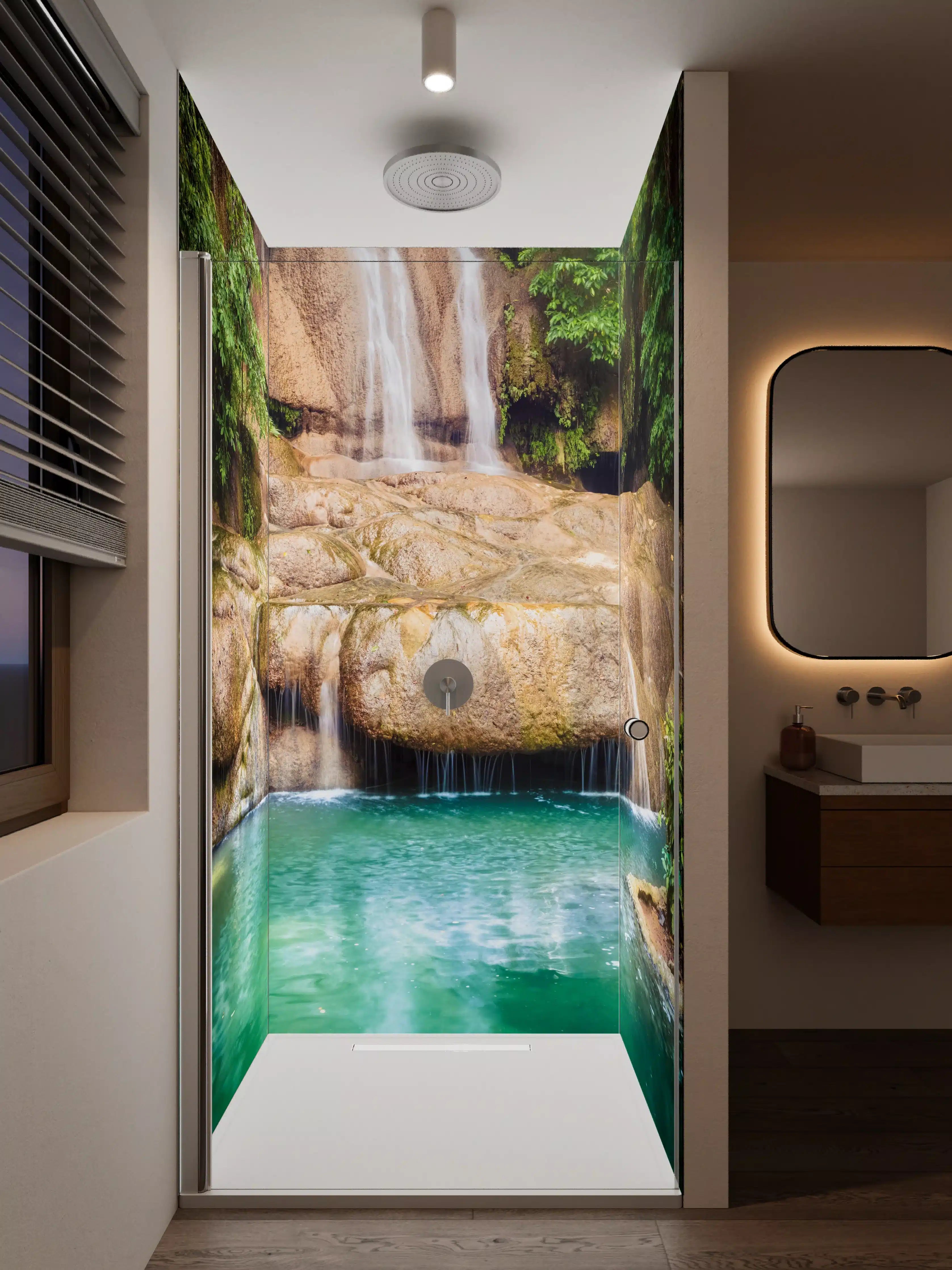 Duschrückwand - Naturidyll mit Wasserfall und türkisfarbenem Wasser