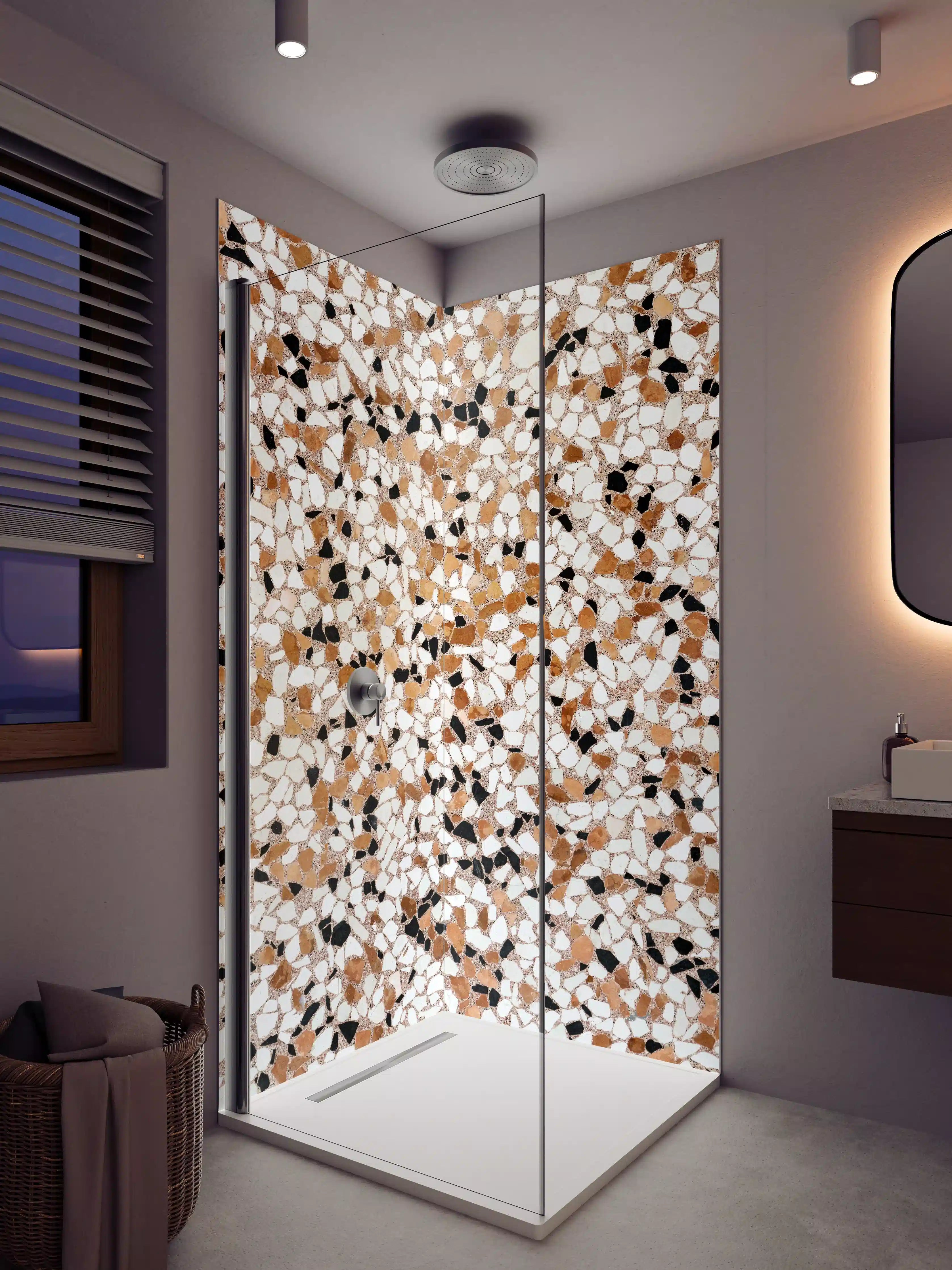 Duschrückwand - Naturstein-Optik mit harmonischen Beige-, Schwarz- und Weißtönen