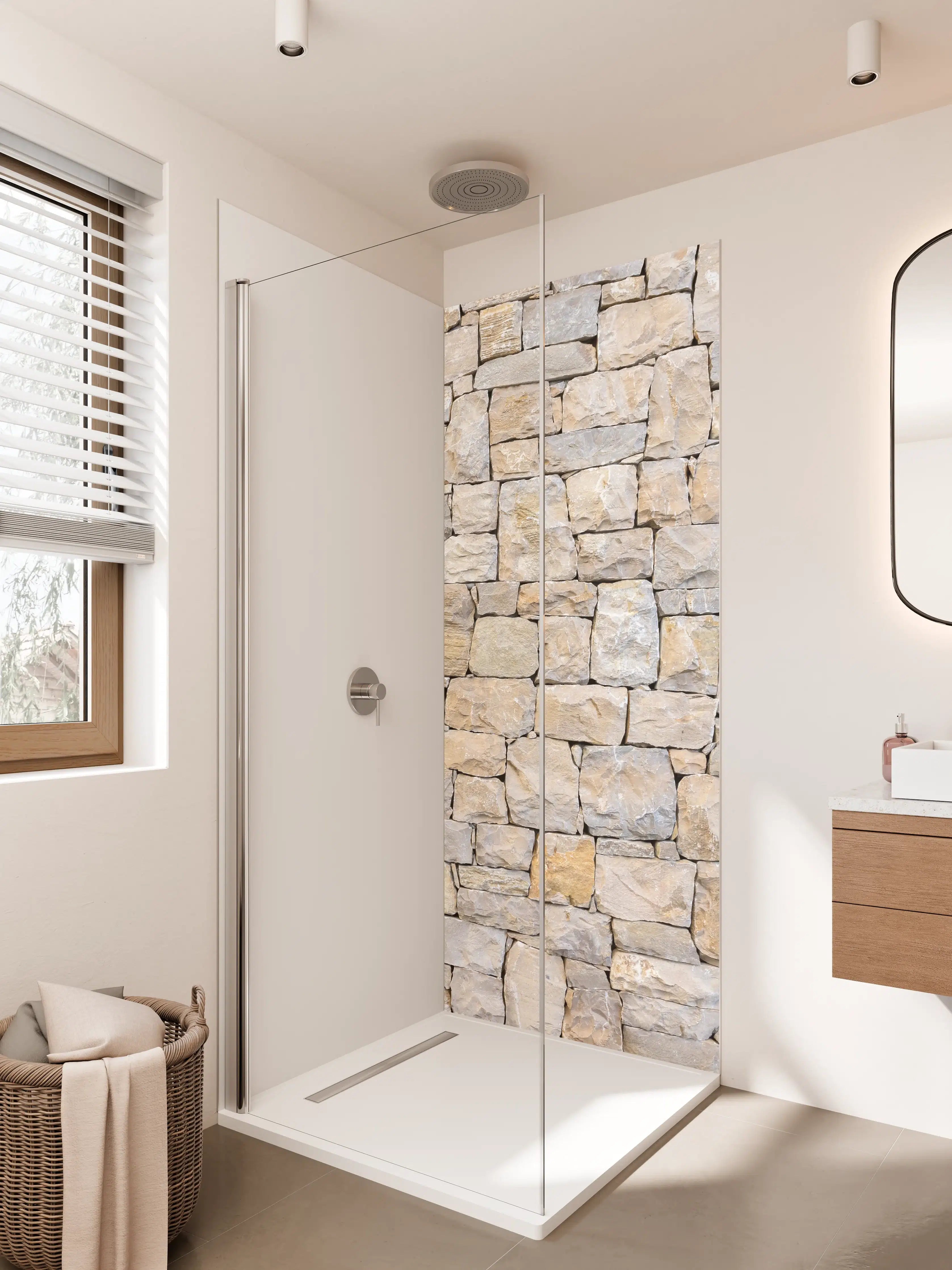 Duschrückwand - Naturstein Wand in Beige Tönen