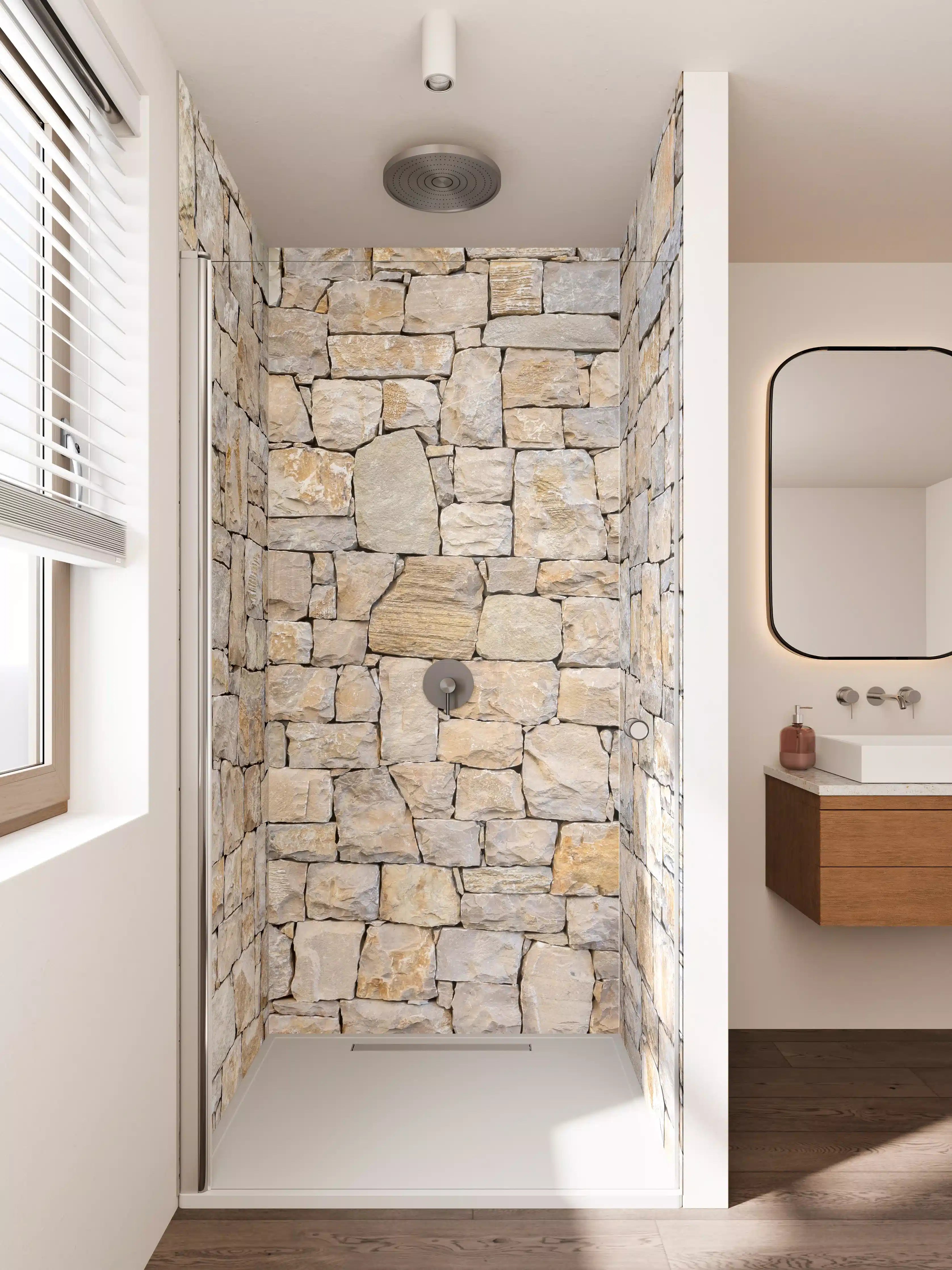 Duschrückwand - Naturstein Wand in Beige Tönen