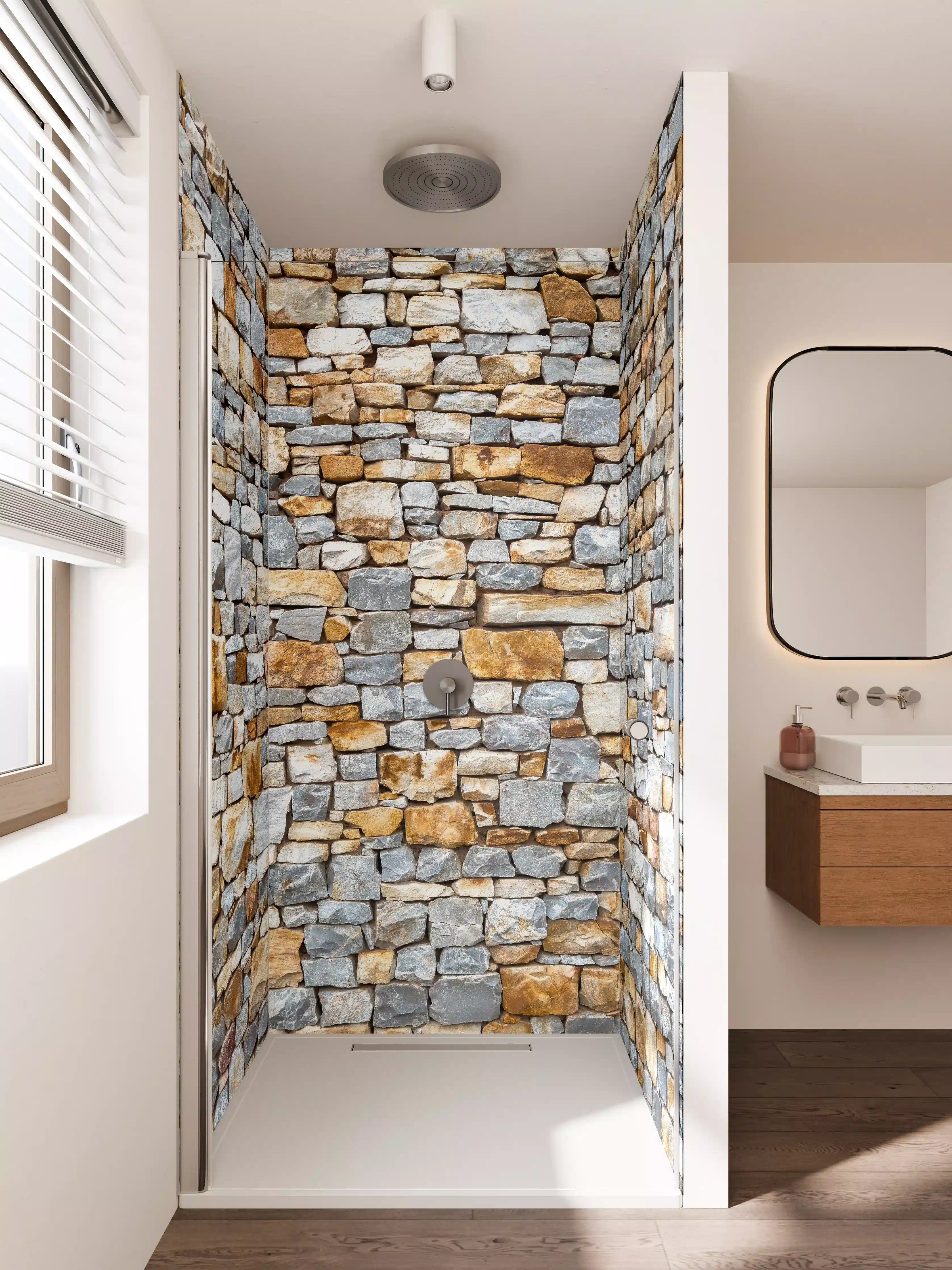 Duschrückwand - Natursteinmauer in Warme Erdtöne