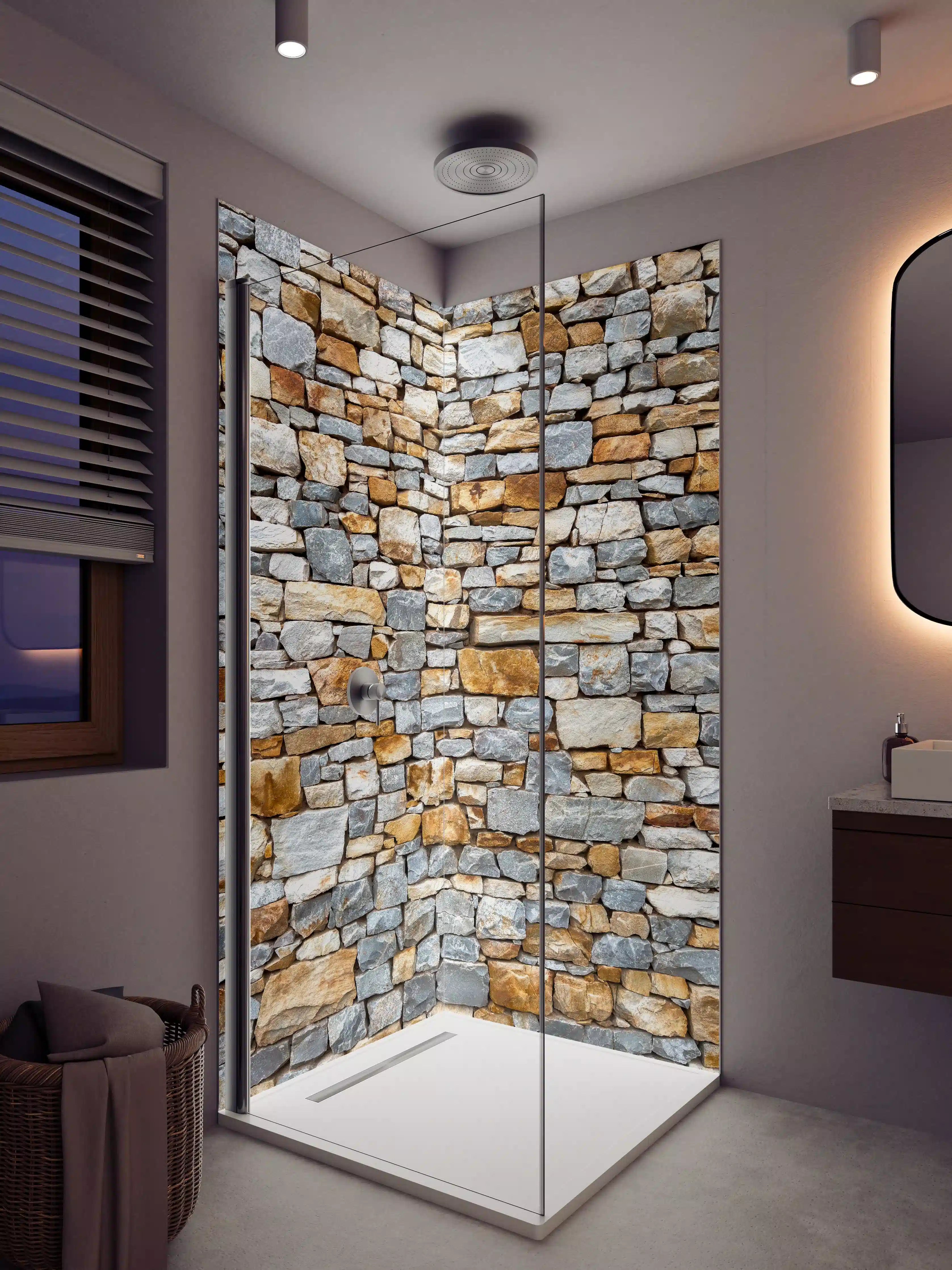 Duschrückwand - Natursteinmauer in Warme Erdtöne