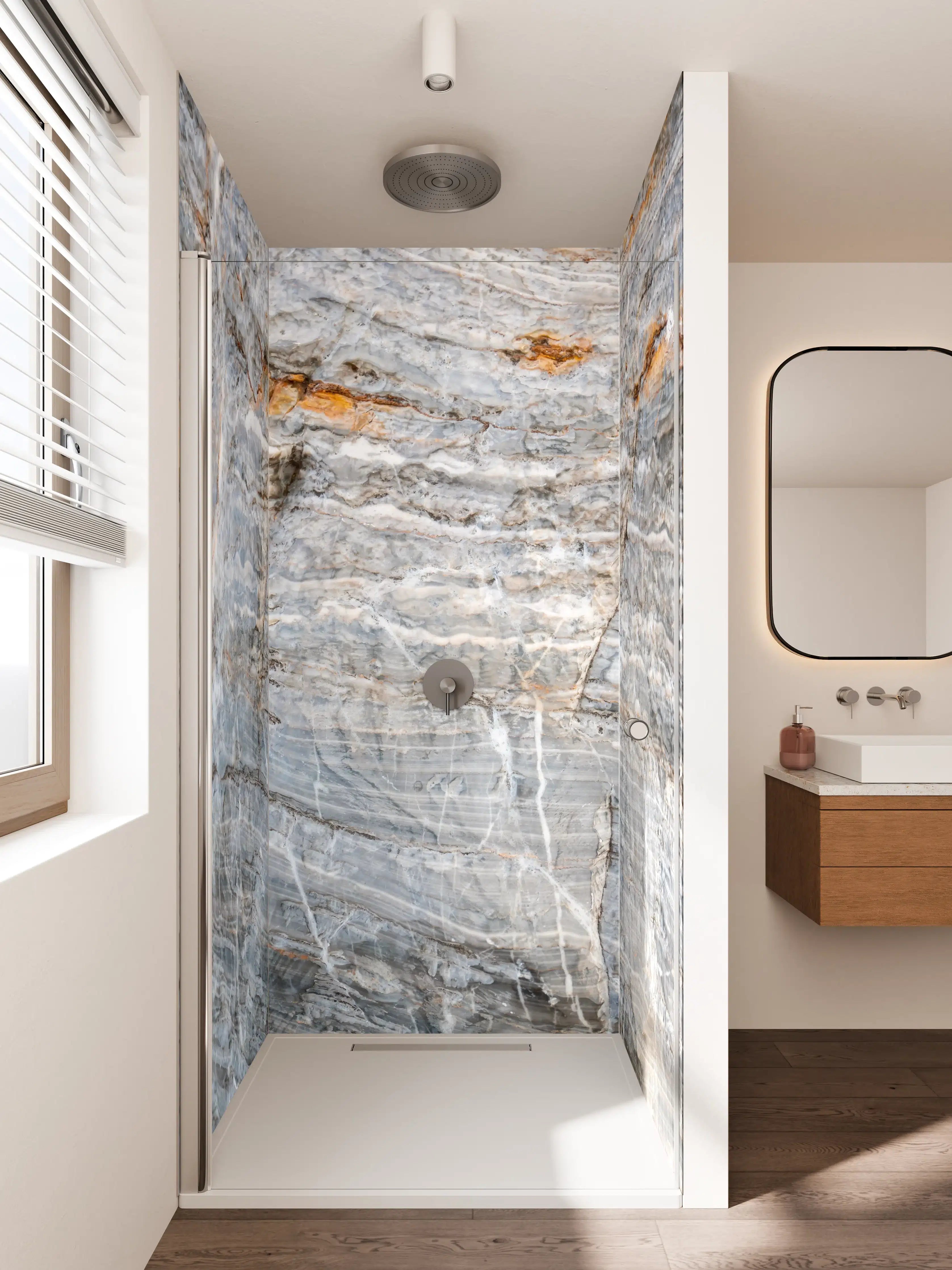 Duschrückwand - Natursteinmuster in Grau mit Orange-Akzenten