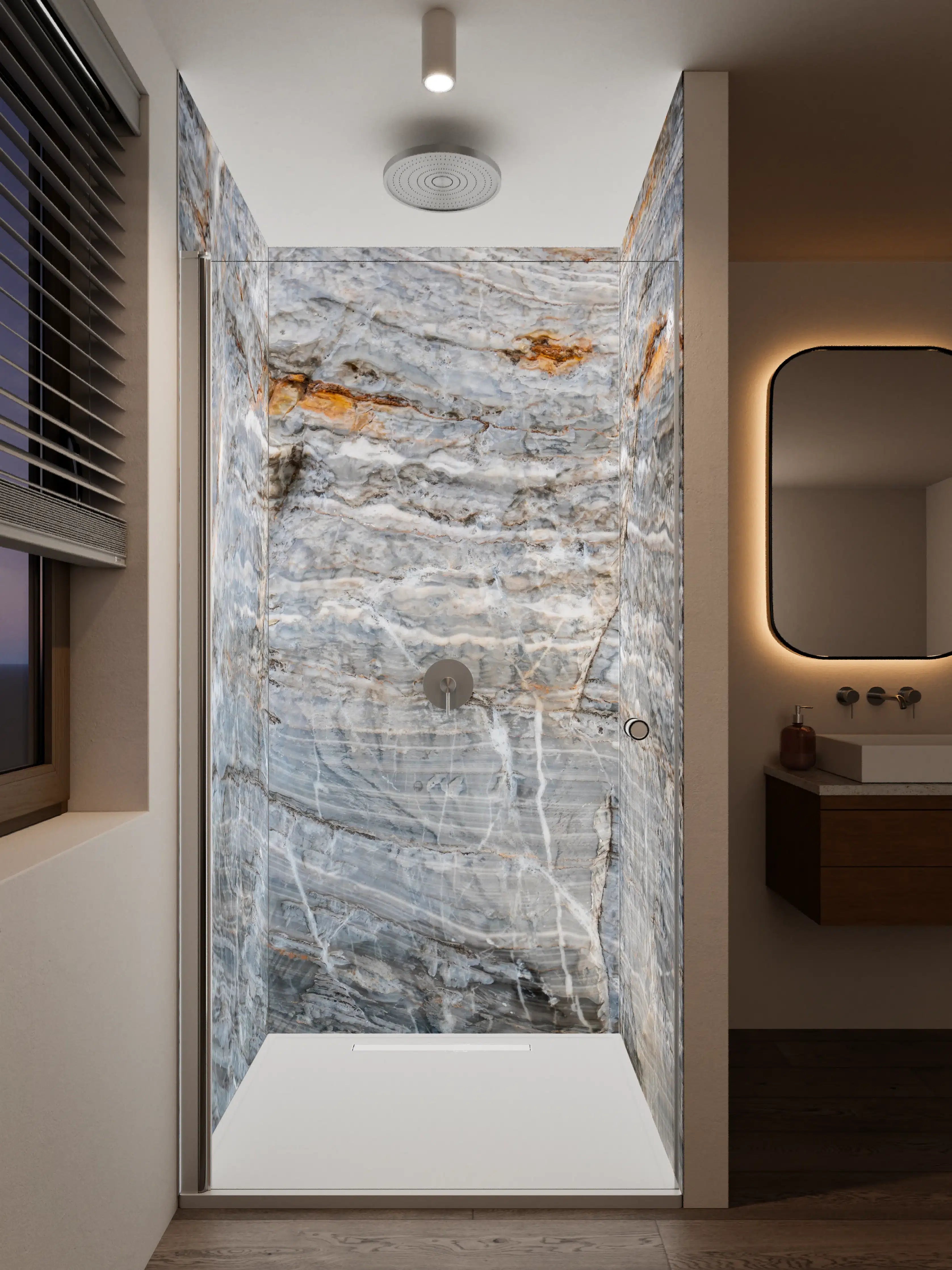 Duschrückwand - Natursteinmuster in Grau mit Orange-Akzenten