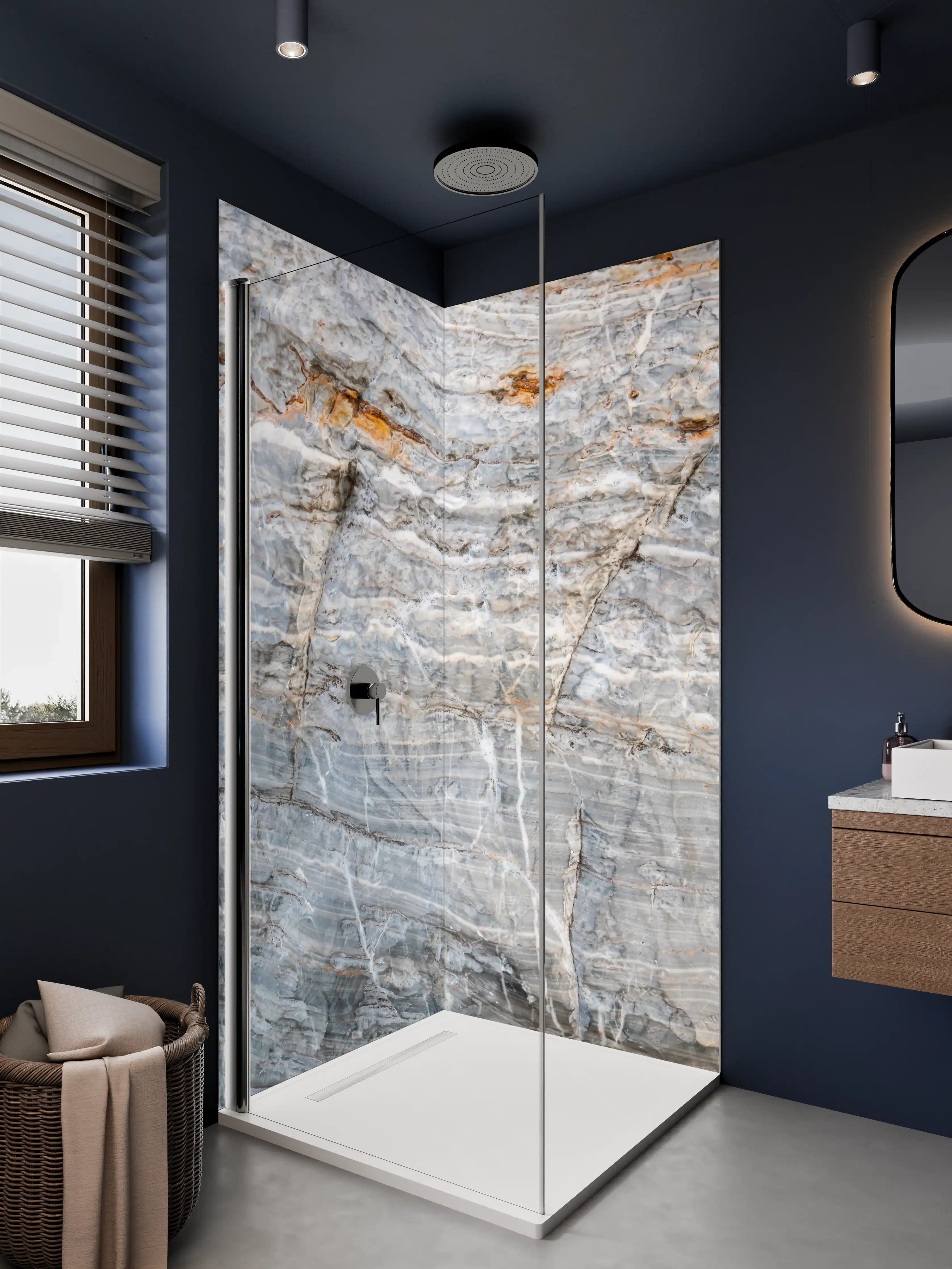 Duschrückwand - Natursteinmuster in Grau mit Orange-Akzenten