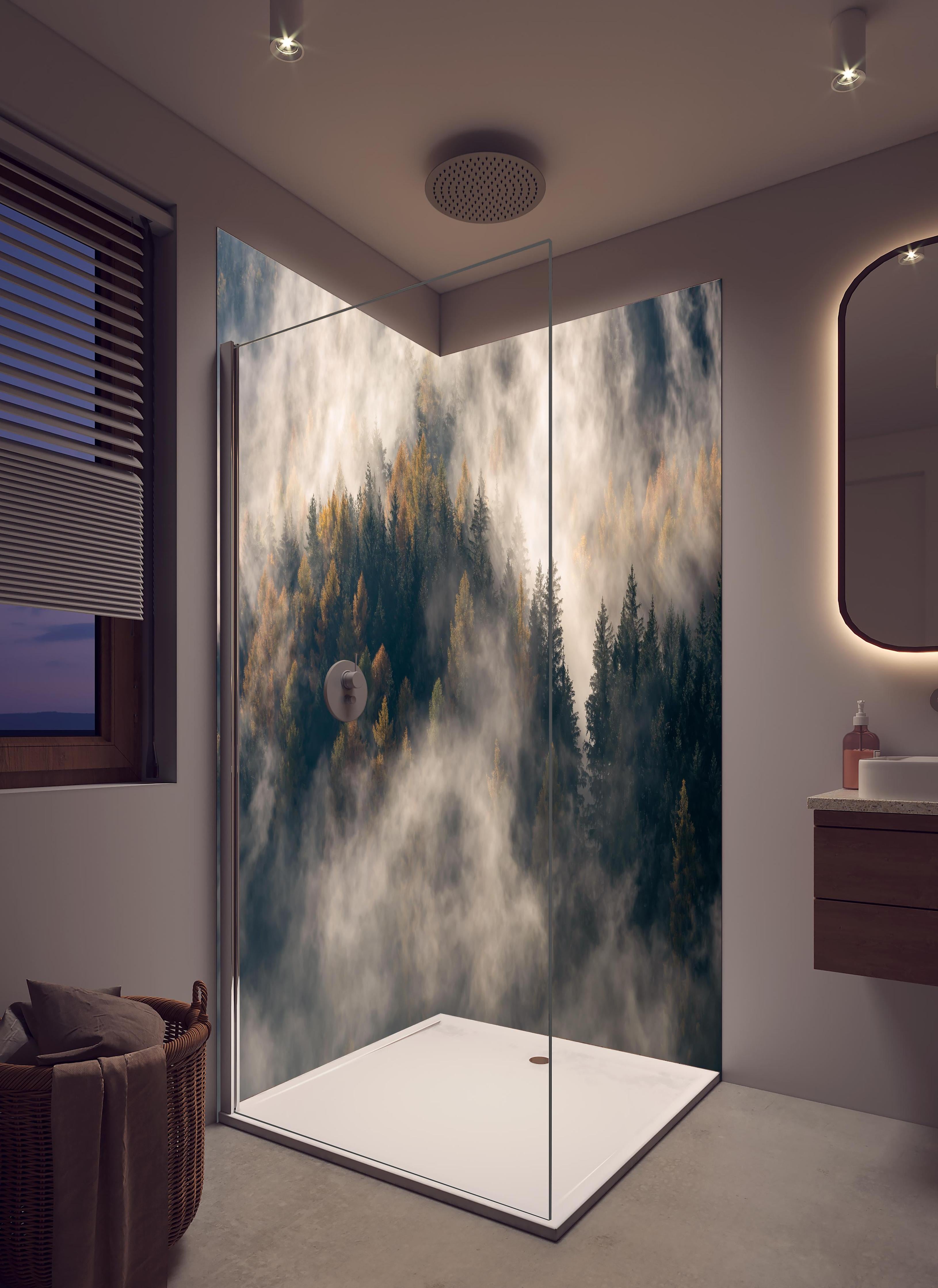 Duschrückwand - Nebel im Wald in hellem Badezimmer mit Regenduschkopf - zweiteilige Eck-Duschrückwand
