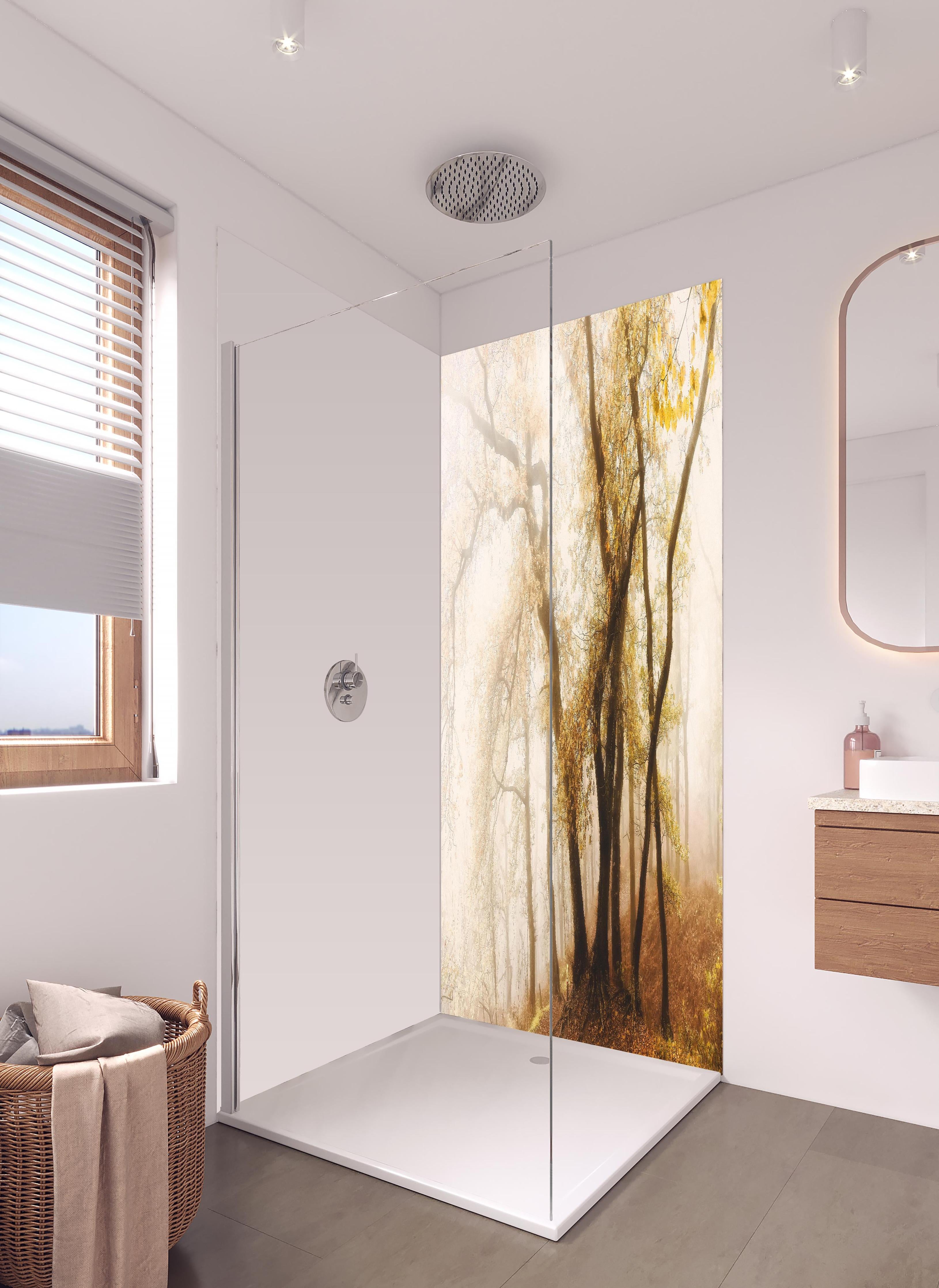 Duschrückwand - Nebeliger Wald im Herbst in hellem Badezimmer mit Regenduschkopf - zweiteilige Eck-Duschrückwand