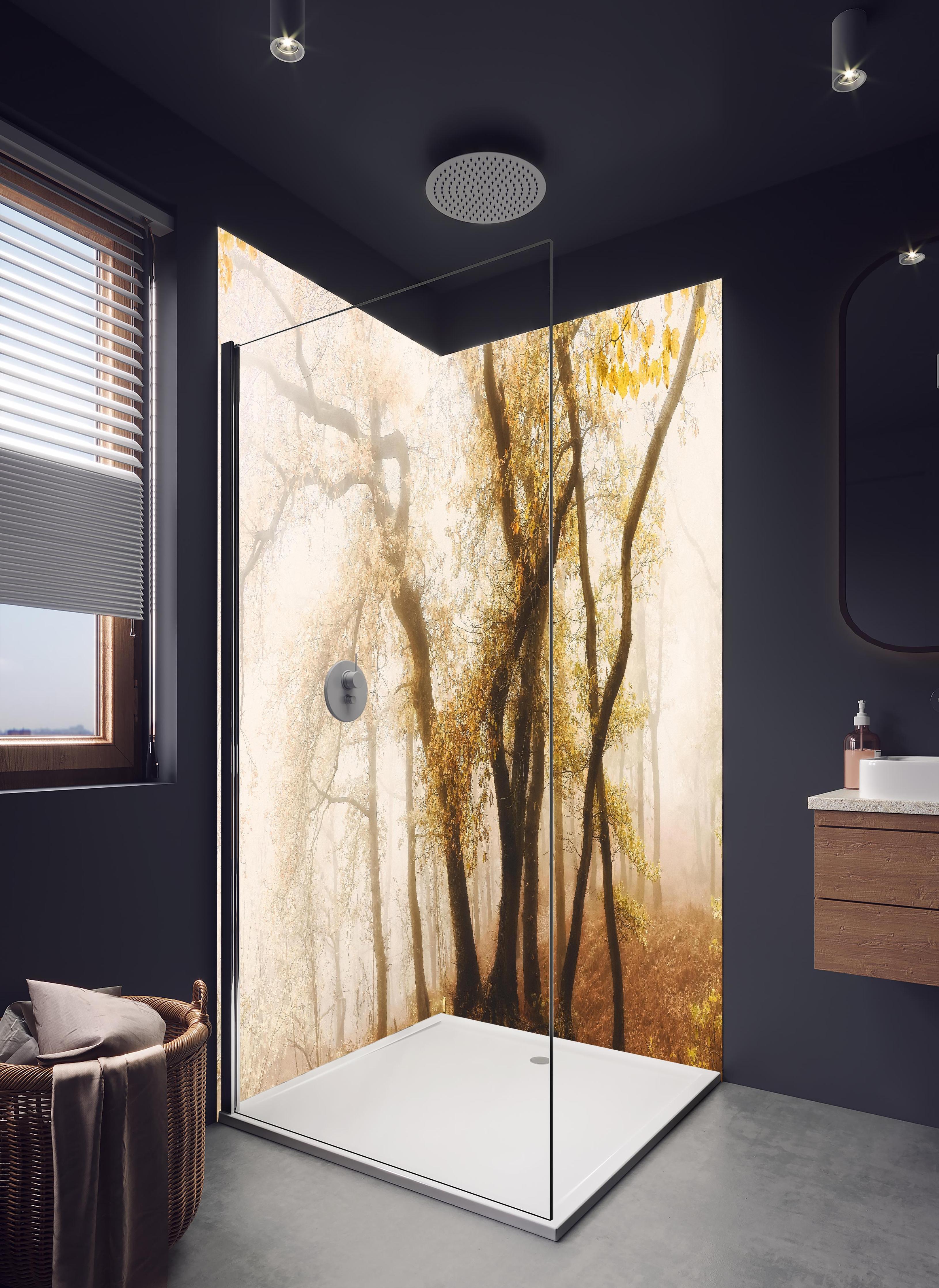 Duschrückwand - Nebeliger Wald im Herbst in hellem Badezimmer mit Regenduschkopf - zweiteilige Eck-Duschrückwand