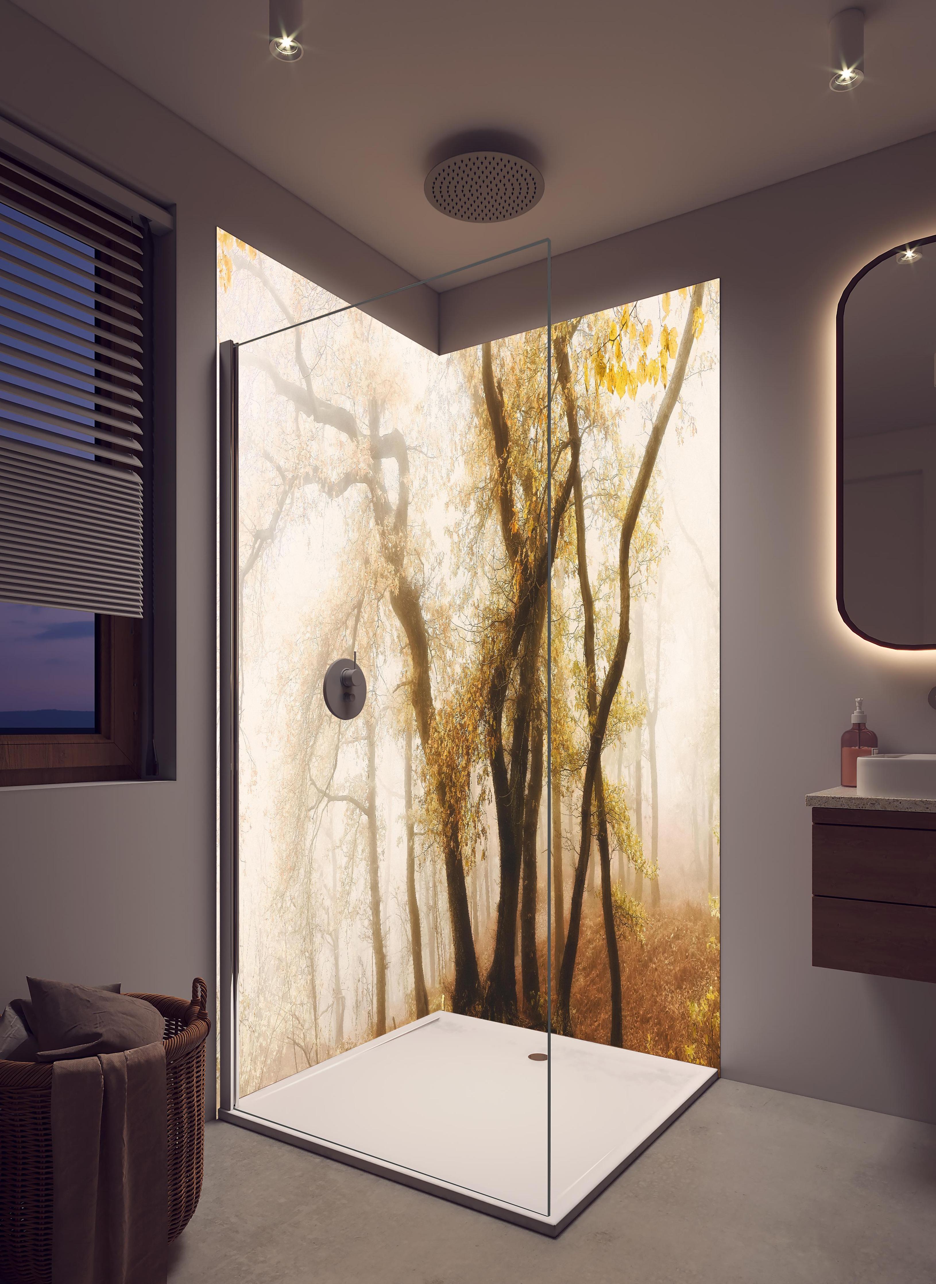 Duschrückwand - Nebeliger Wald im Herbst in hellem Badezimmer mit Regenduschkopf - zweiteilige Eck-Duschrückwand