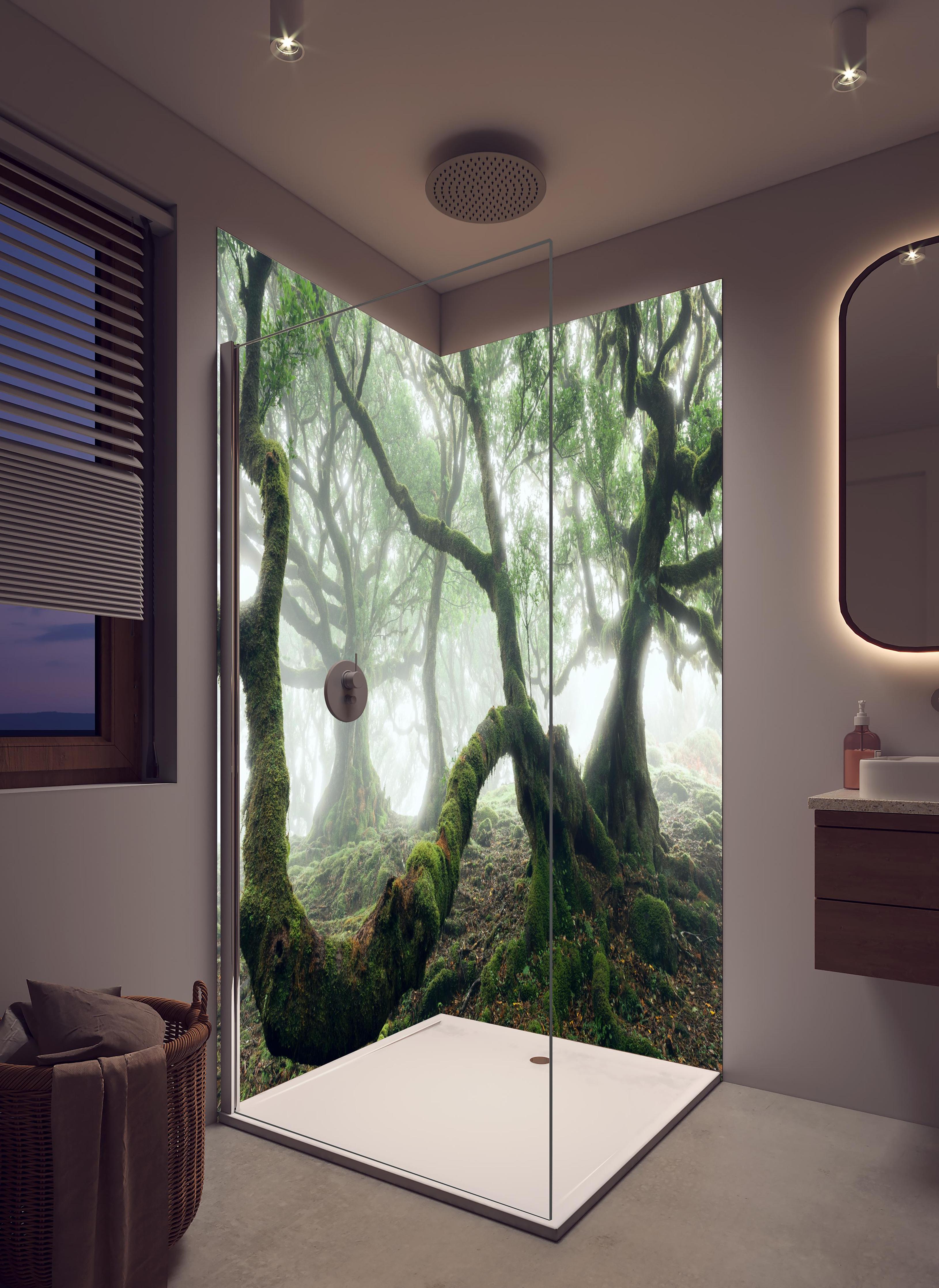 Duschrückwand - Nebeliger, mystischer Wald in hellem Badezimmer mit Regenduschkopf - zweiteilige Eck-Duschrückwand