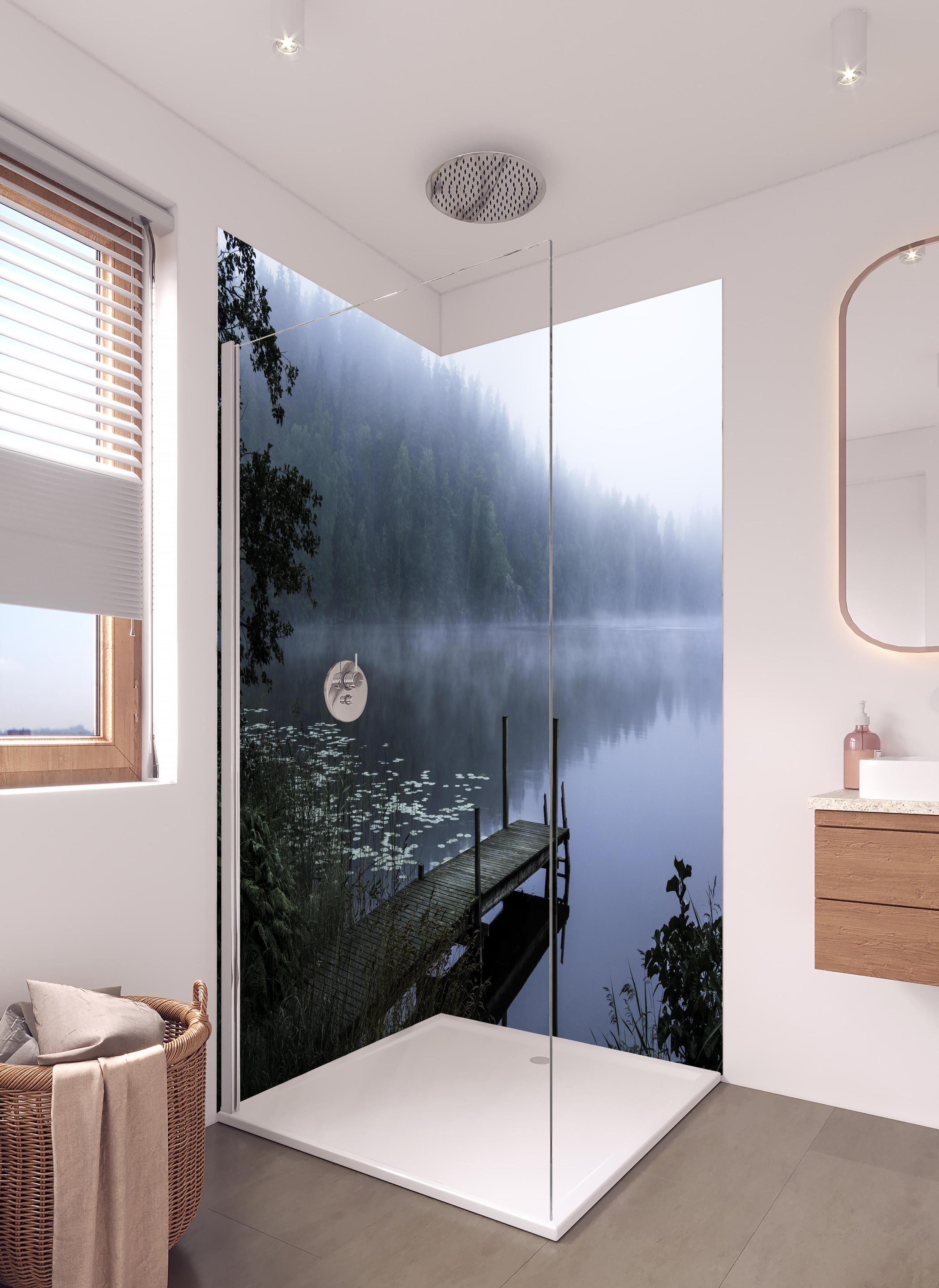 Duschrückwand - Nebliger Morgen in hellem Badezimmer mit Regenduschkopf - zweiteilige Eck-Duschrückwand