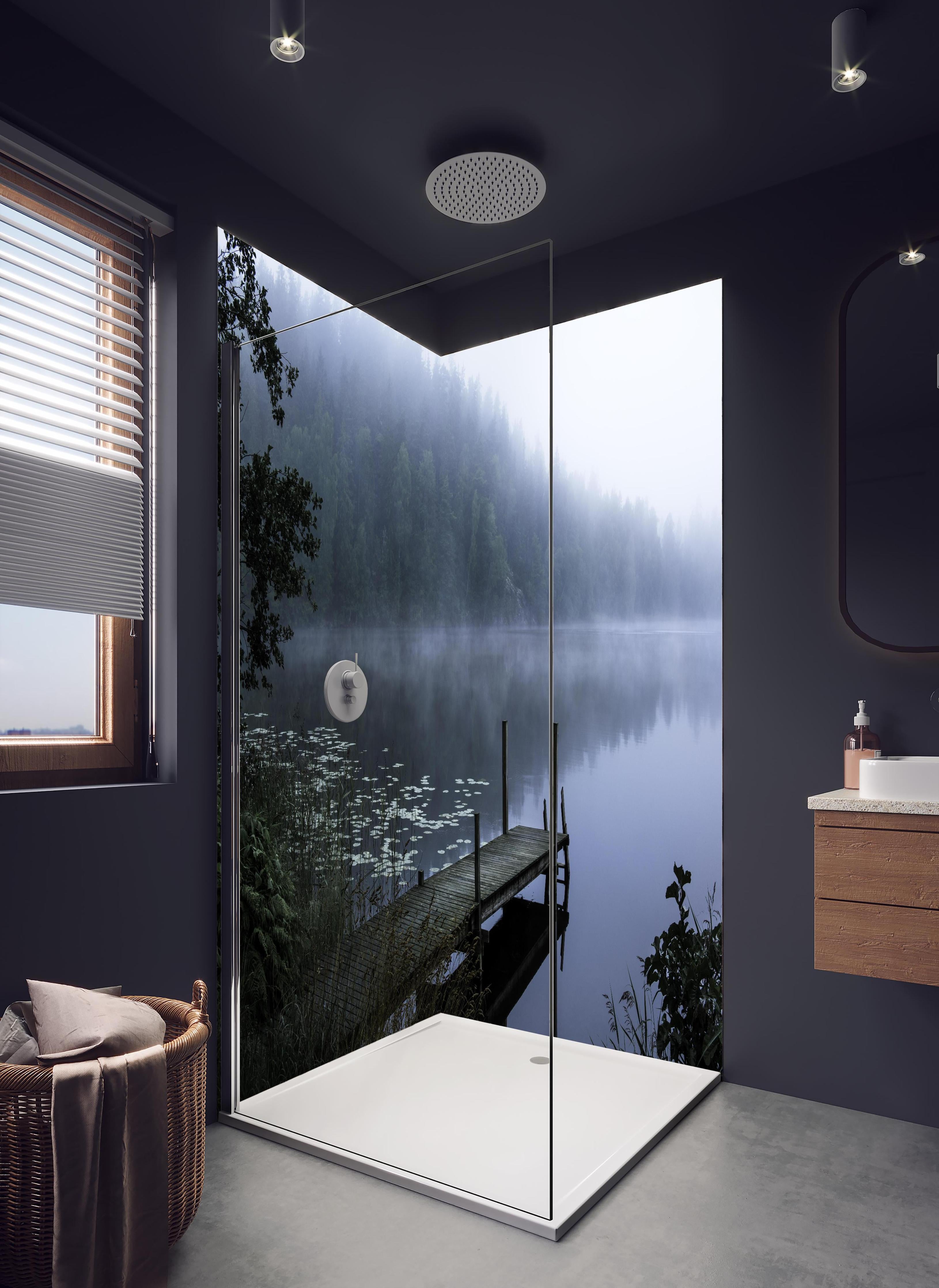 Duschrückwand - Nebliger Morgen in hellem Badezimmer mit Regenduschkopf - zweiteilige Eck-Duschrückwand