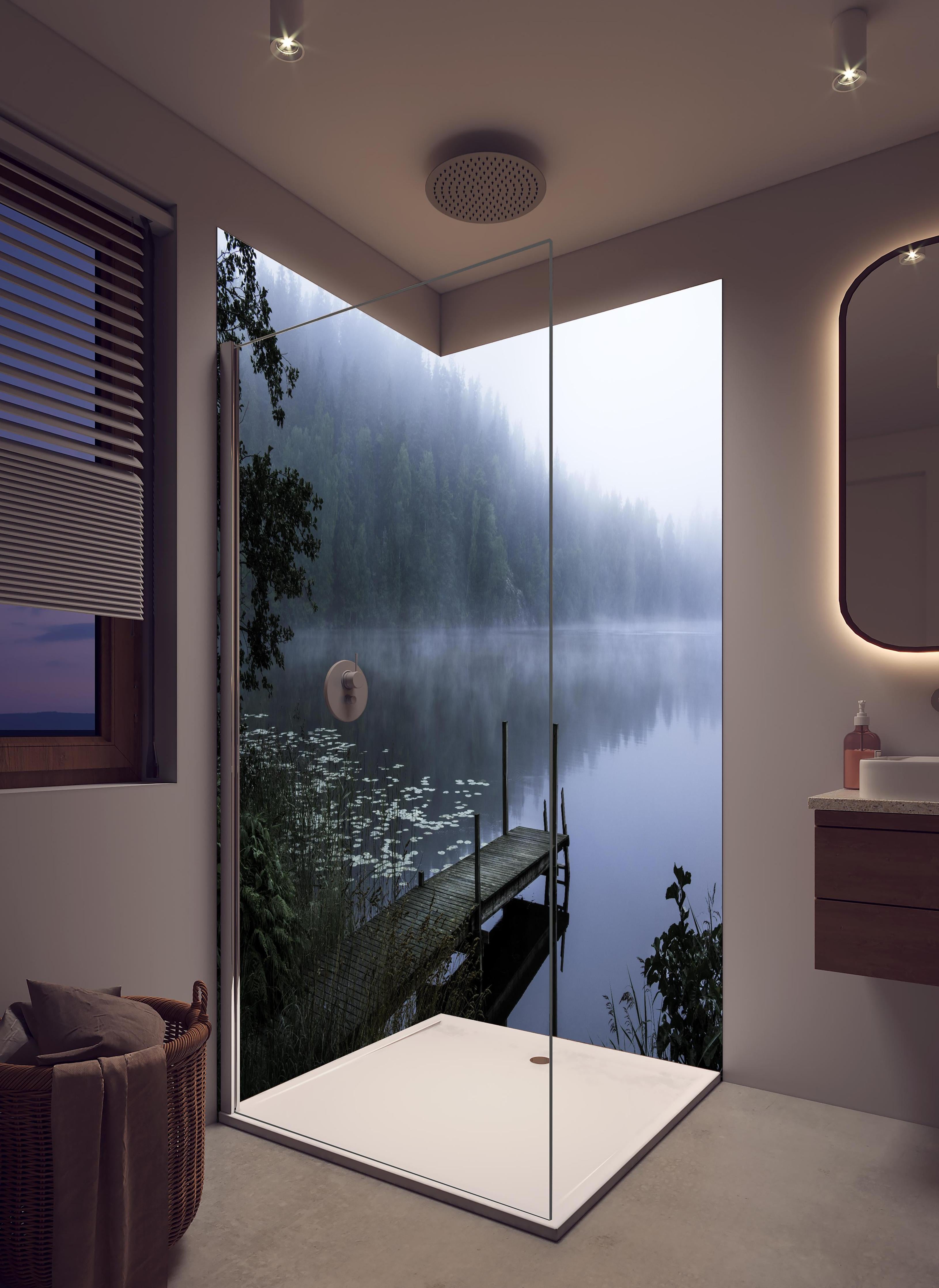 Duschrückwand - Nebliger Morgen in hellem Badezimmer mit Regenduschkopf - zweiteilige Eck-Duschrückwand