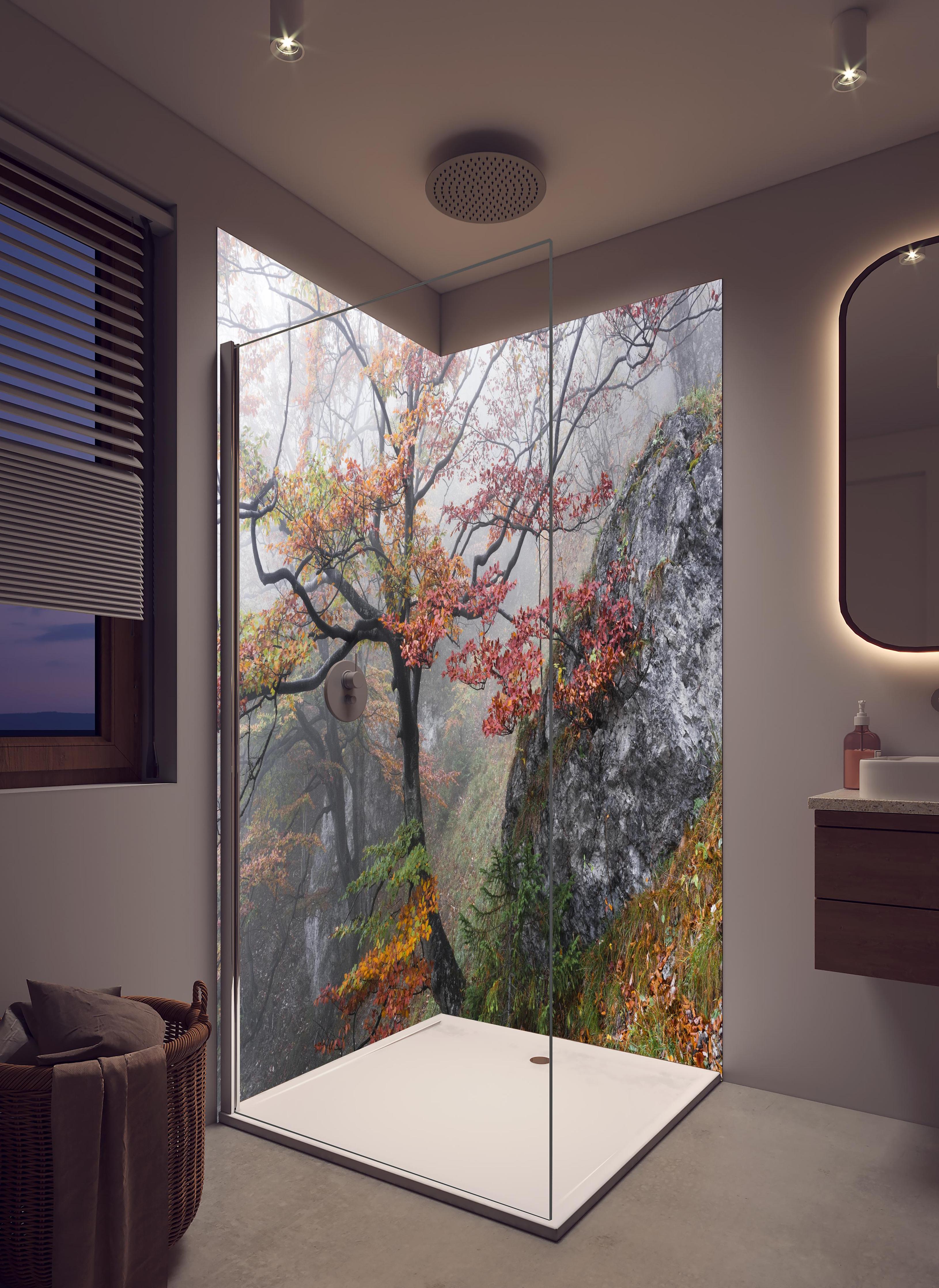 Duschrückwand - Nebliger Wald - Slowakei in hellem Badezimmer mit Regenduschkopf - zweiteilige Eck-Duschrückwand