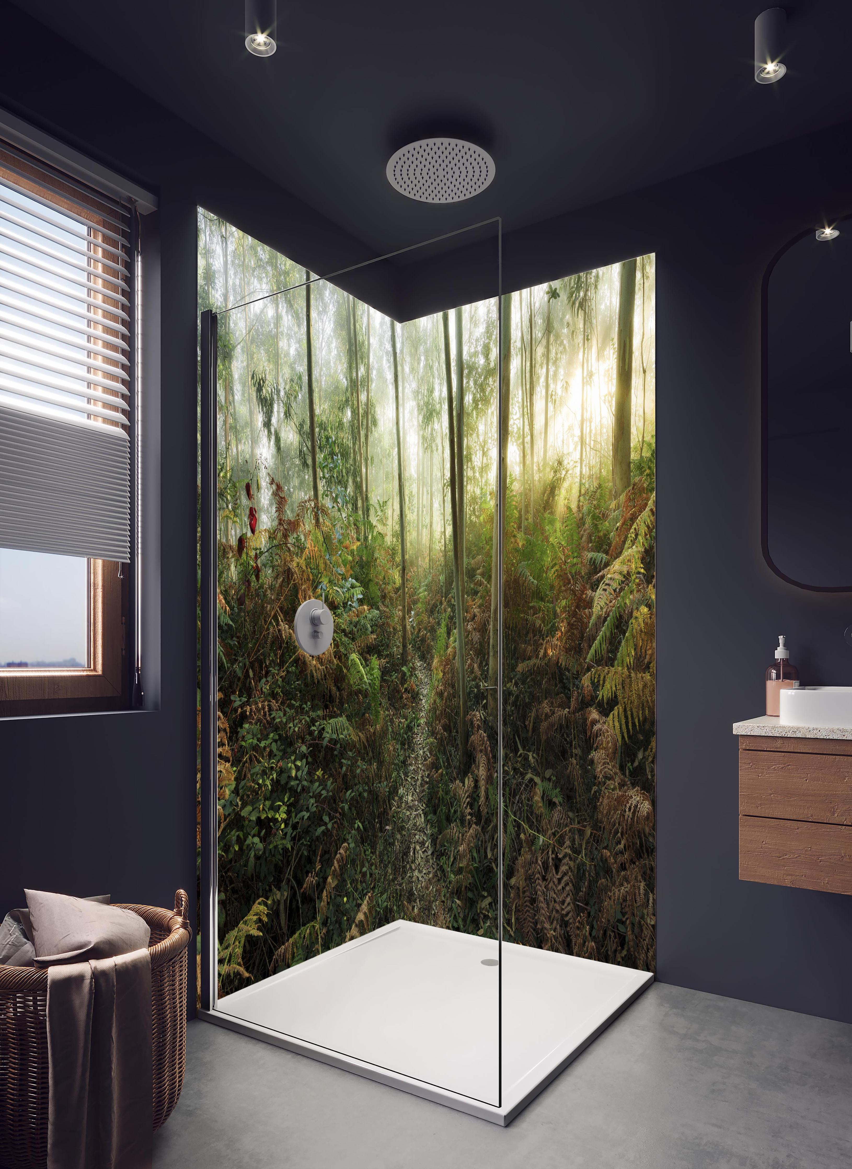 Duschrückwand - Nebliger Wald - Spanien in hellem Badezimmer mit Regenduschkopf - zweiteilige Eck-Duschrückwand