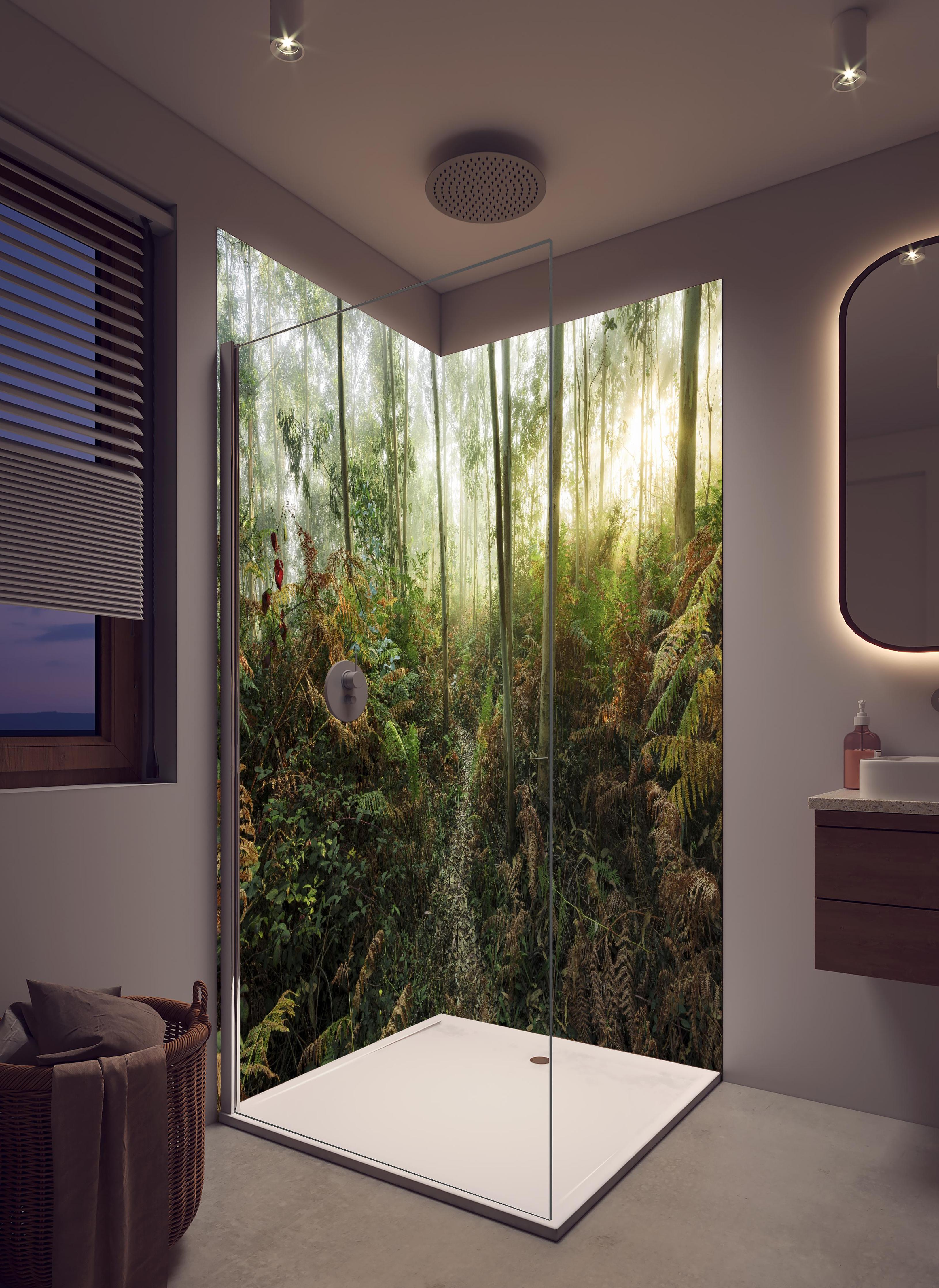 Duschrückwand - Nebliger Wald - Spanien in hellem Badezimmer mit Regenduschkopf - zweiteilige Eck-Duschrückwand