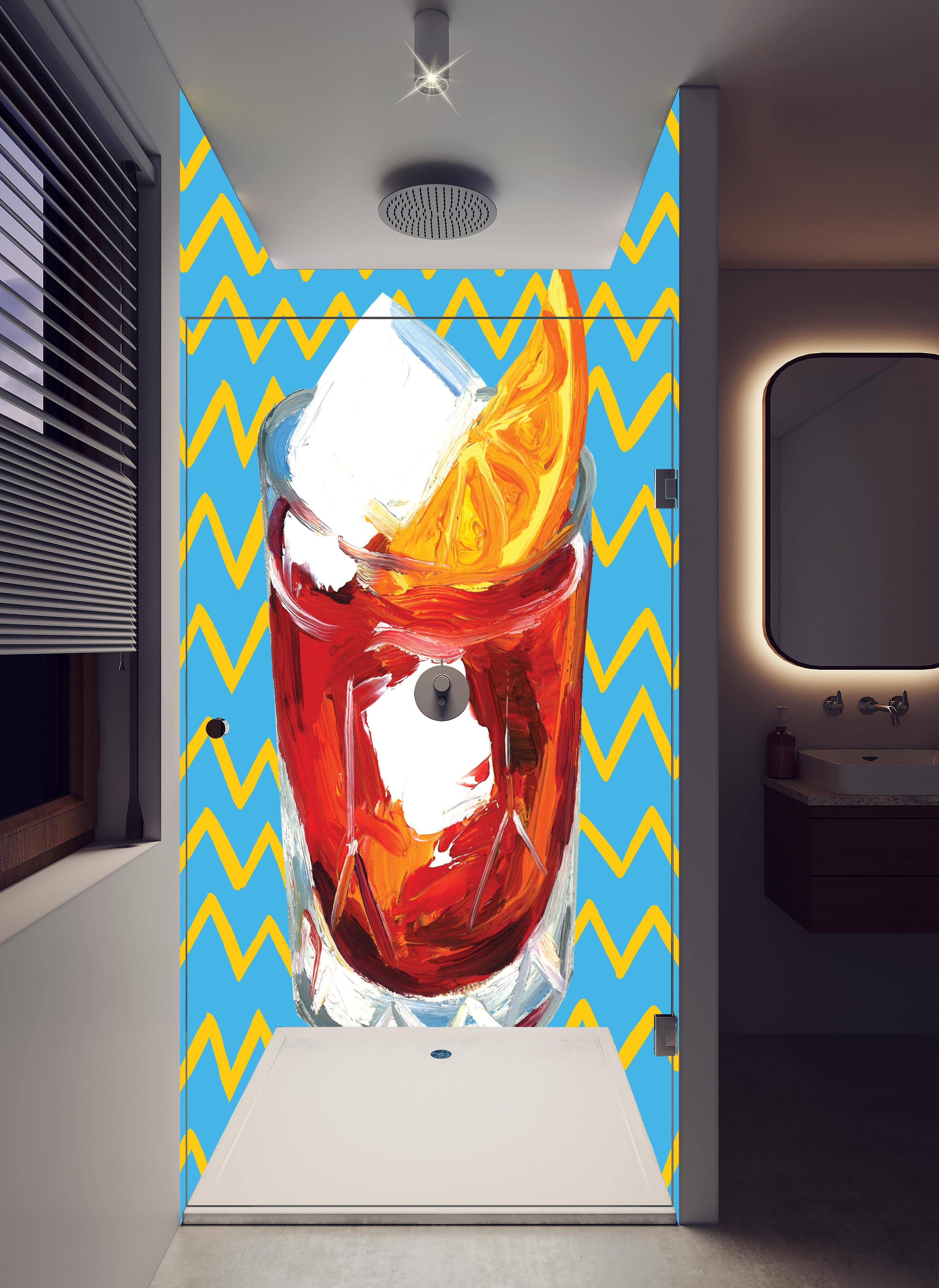 Duschrückwand - Negroni Cocktail - Acryl Gemälde in hellem Badezimmer mit Regenduschkopf - zweiteilige Eck-Duschrückwand