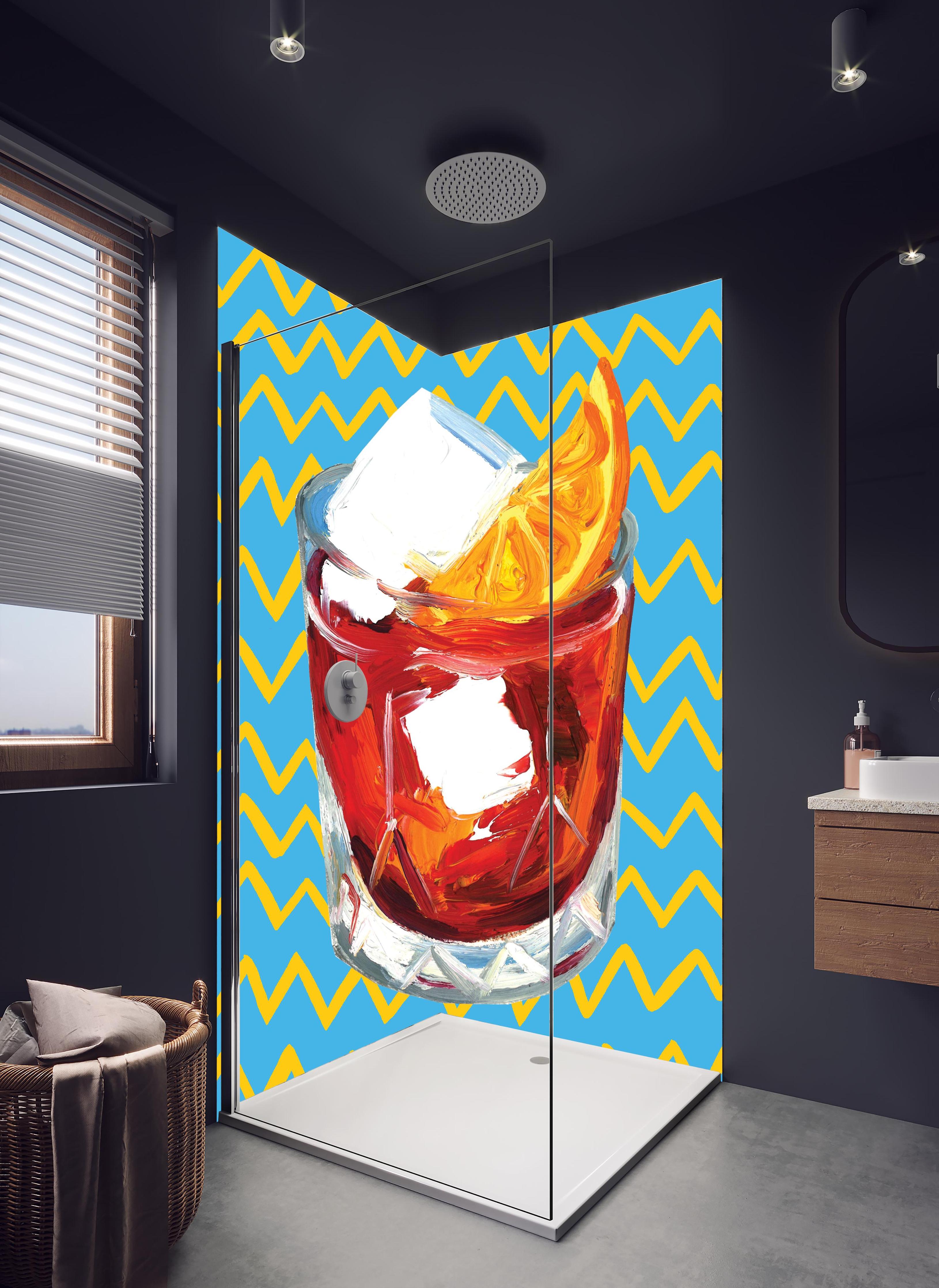 Duschrückwand - Negroni Cocktail - Acryl Gemälde in hellem Badezimmer mit Regenduschkopf - zweiteilige Eck-Duschrückwand
