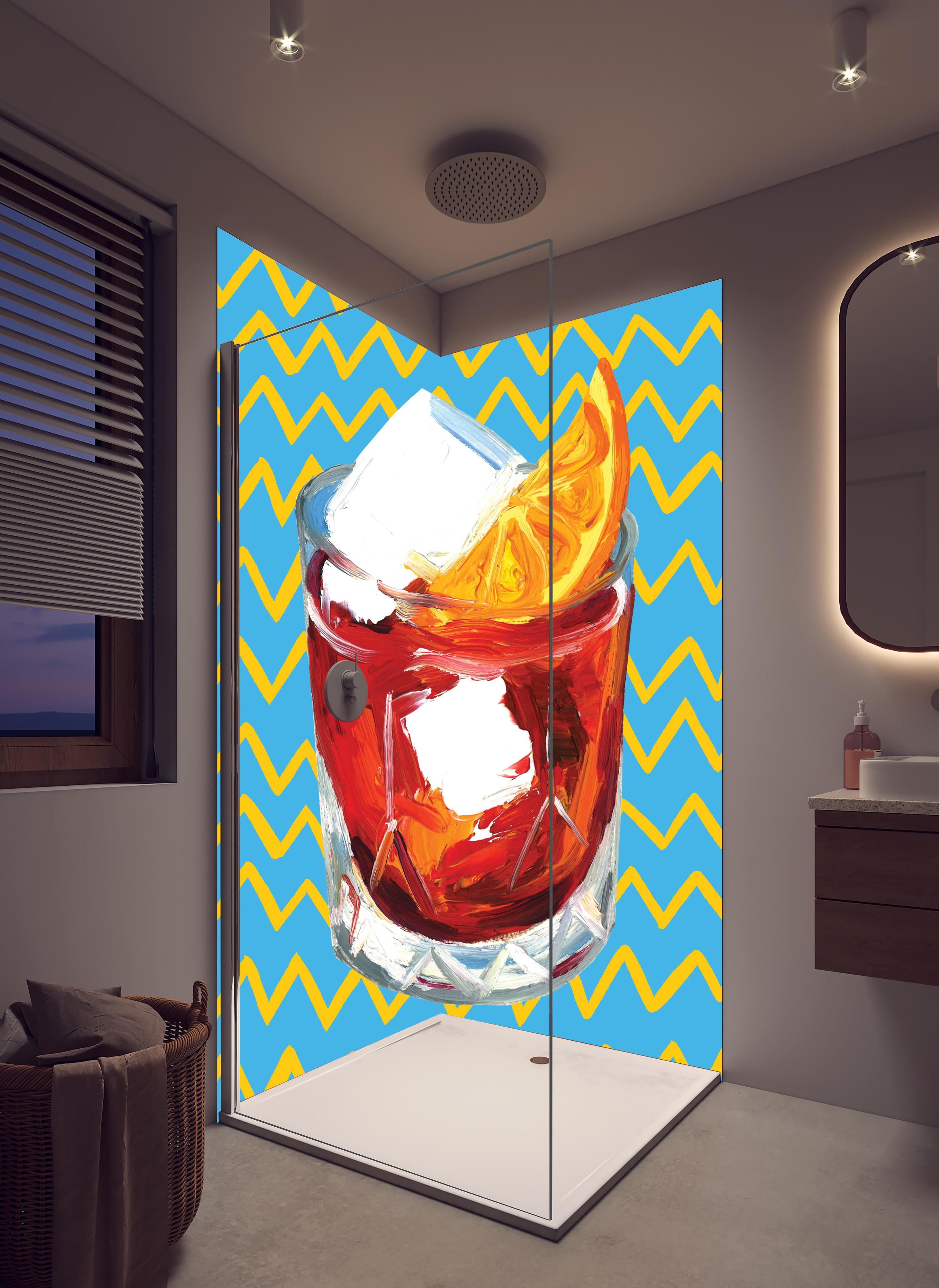 Duschrückwand - Negroni Cocktail - Acryl Gemälde in hellem Badezimmer mit Regenduschkopf - zweiteilige Eck-Duschrückwand
