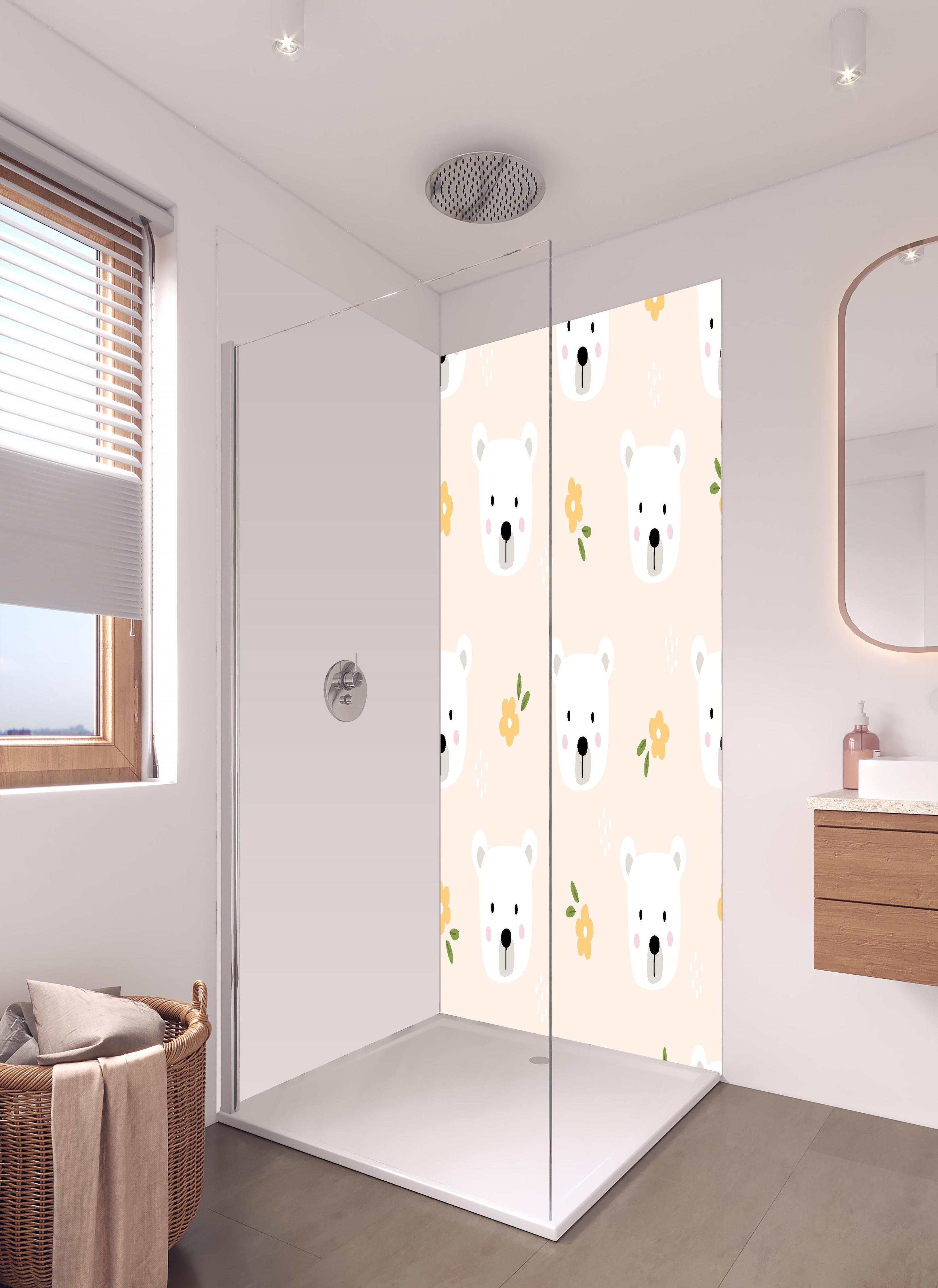 Duschrückwand - Niedliche Bärenköpfe und Blumen Muster Rosa in hellem Badezimmer mit Regenduschkopf - zweiteilige Eck-Duschrückwand