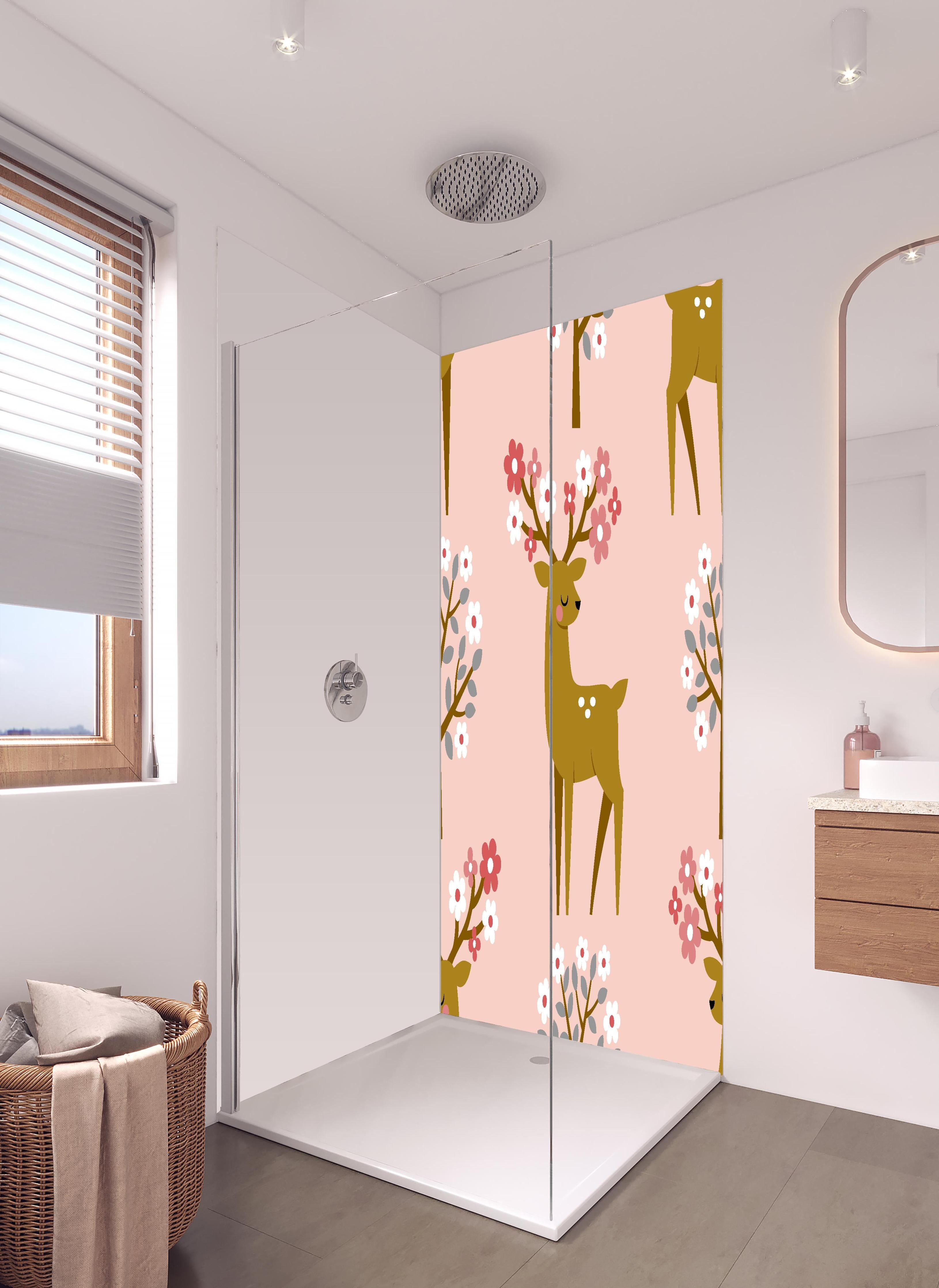 Duschrückwand - Niedlicher Rehkitz Blumenmuster Textilprint in hellem Badezimmer mit Regenduschkopf - zweiteilige Eck-Duschrückwand