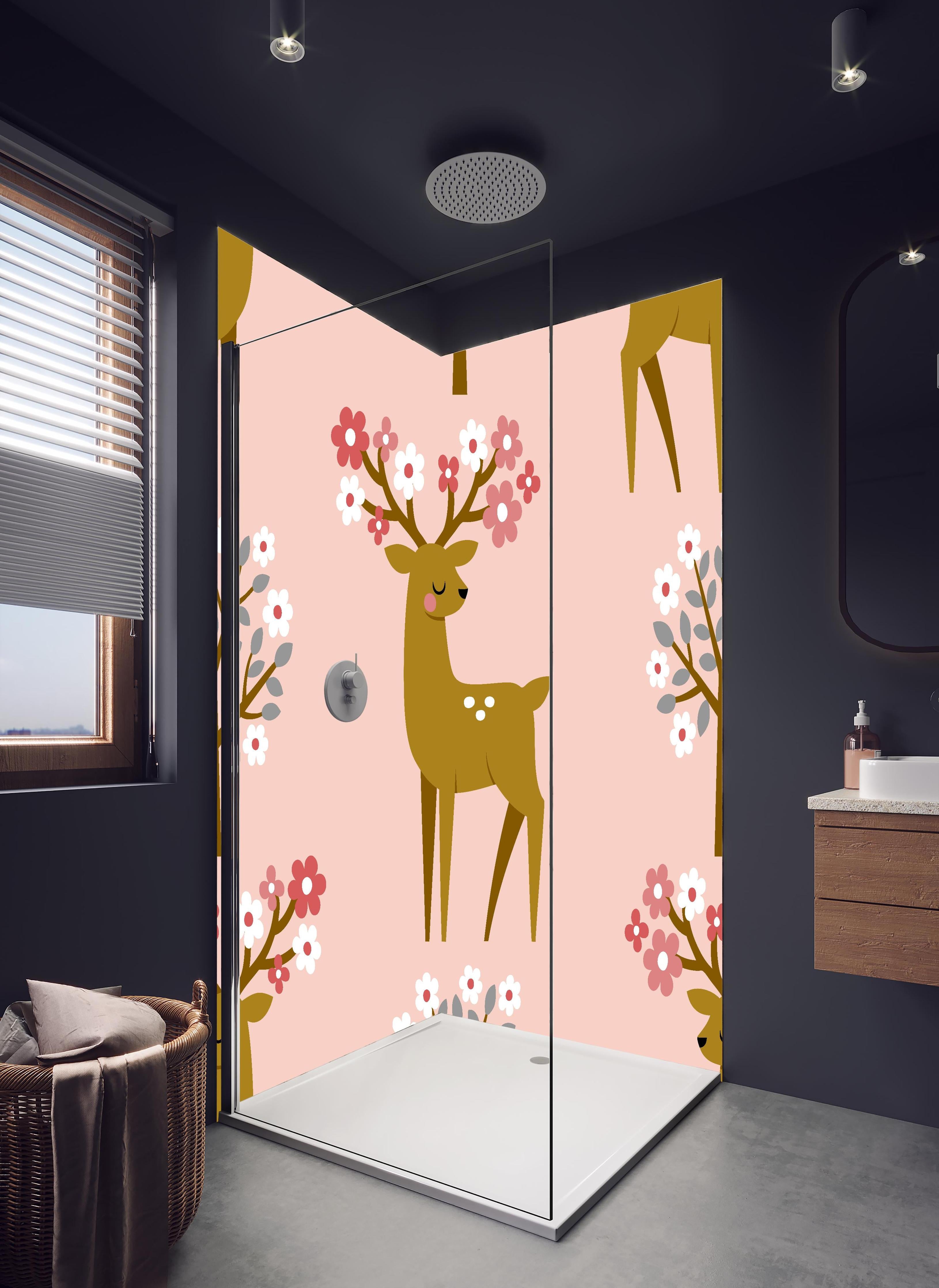 Duschrückwand - Niedlicher Rehkitz Blumenmuster Textilprint in hellem Badezimmer mit Regenduschkopf - zweiteilige Eck-Duschrückwand