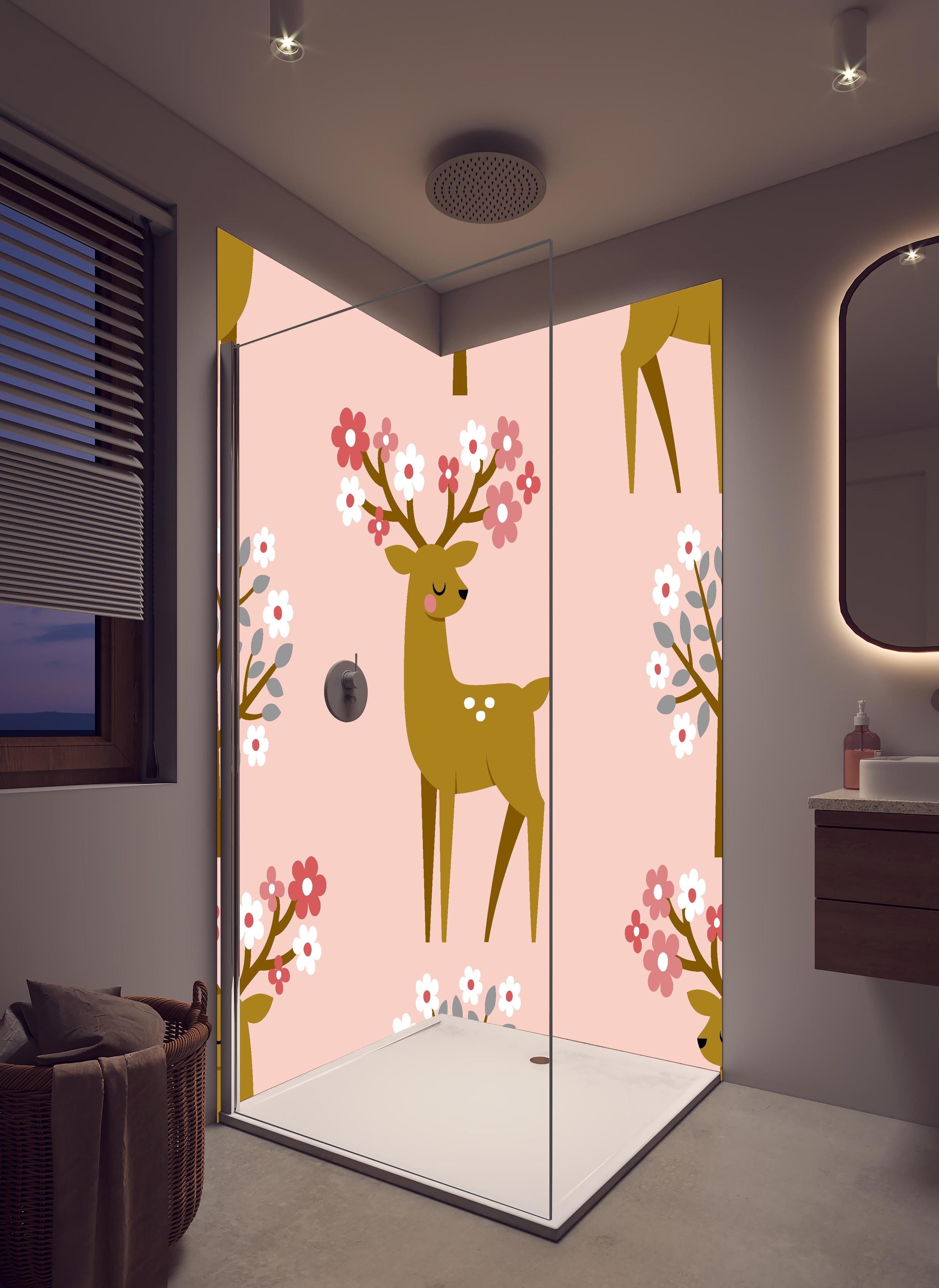 Duschrückwand - Niedlicher Rehkitz Blumenmuster Textilprint in hellem Badezimmer mit Regenduschkopf - zweiteilige Eck-Duschrückwand