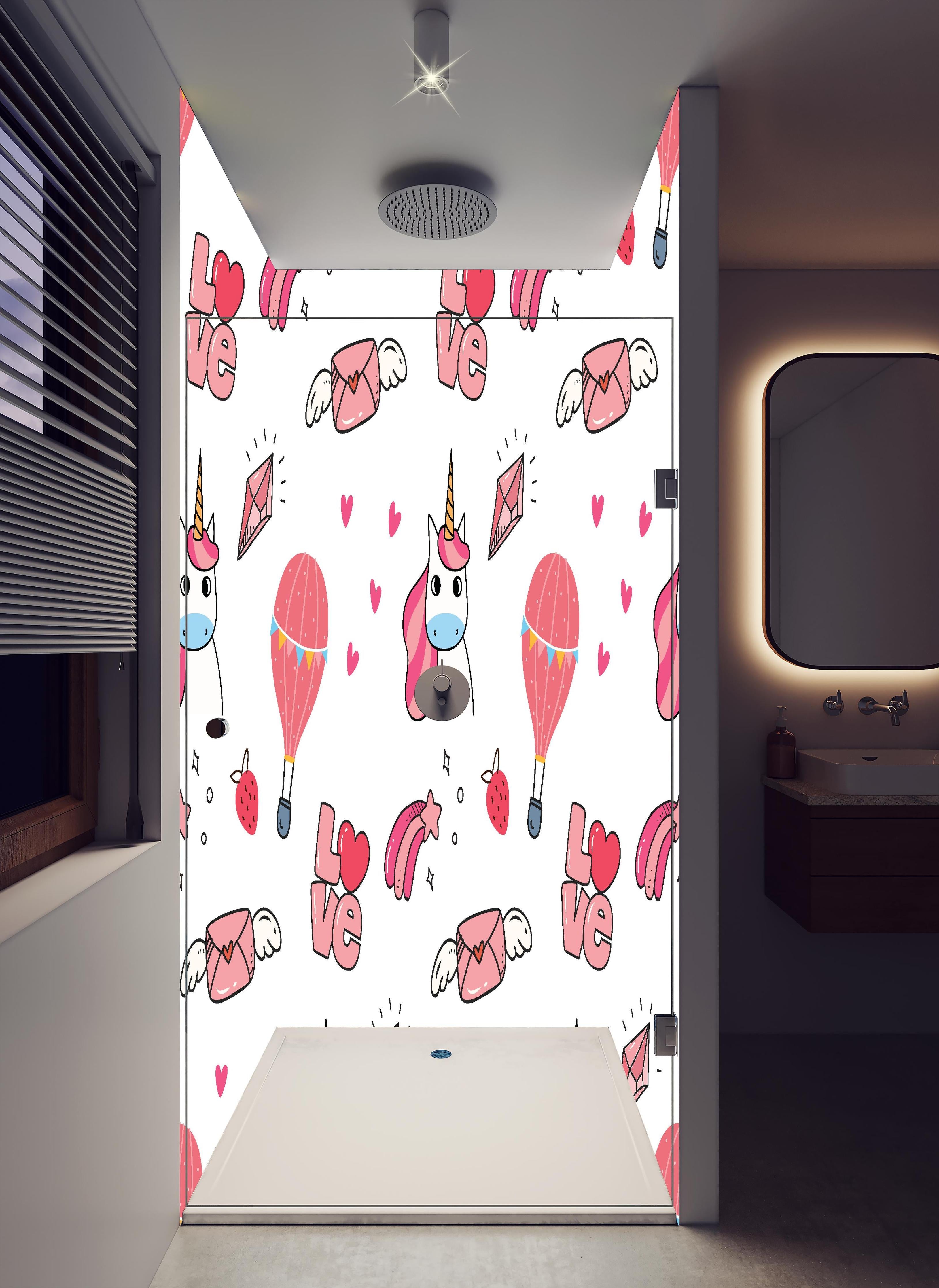 Duschrückwand - Niedliches Einhorn Liebe Muster Design in hellem Badezimmer mit Regenduschkopf - zweiteilige Eck-Duschrückwand
