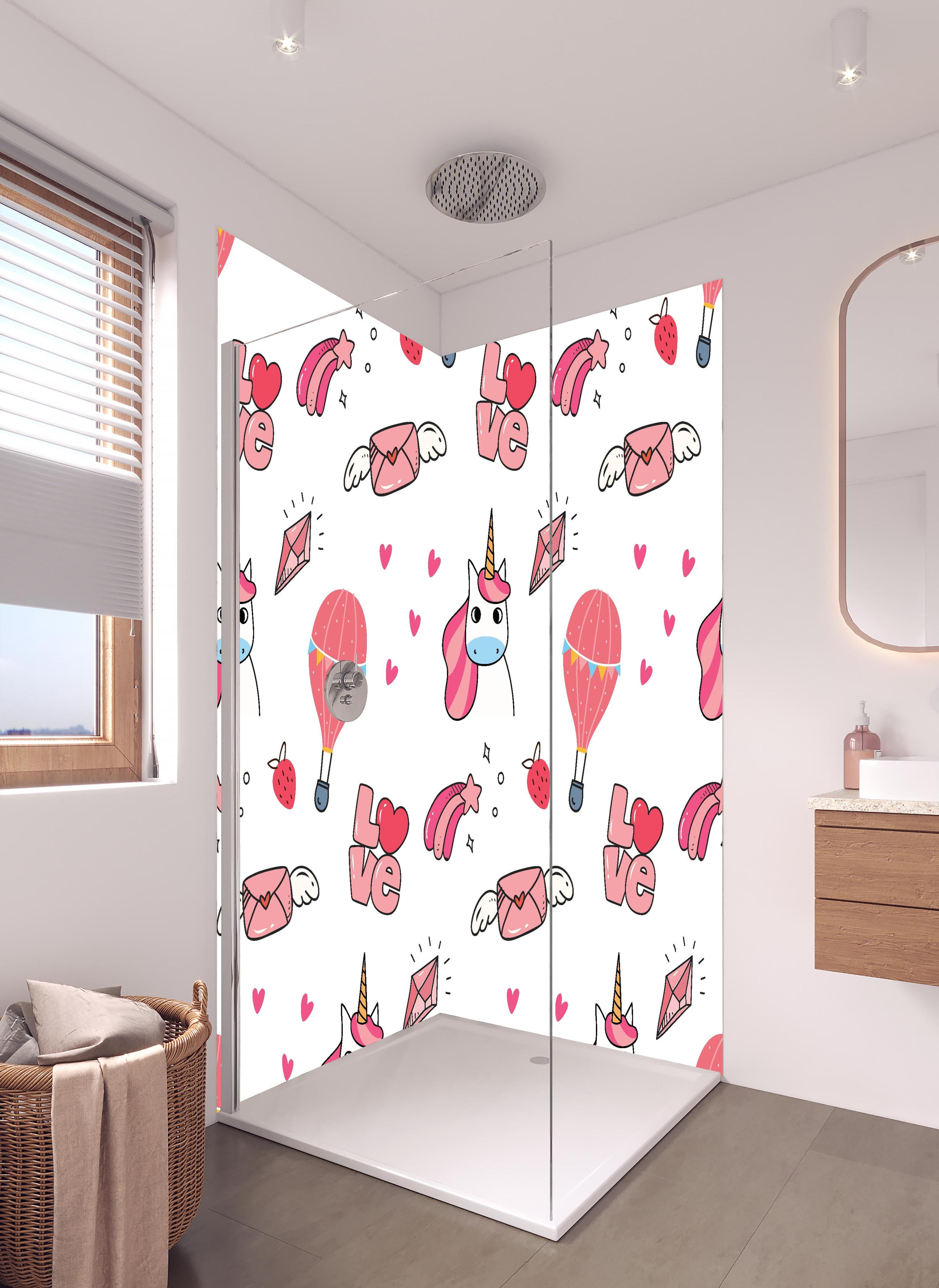 Duschrückwand - Niedliches Einhorn Love Balloon Musterdesign in hellem Badezimmer mit Regenduschkopf - zweiteilige Eck-Duschrückwand