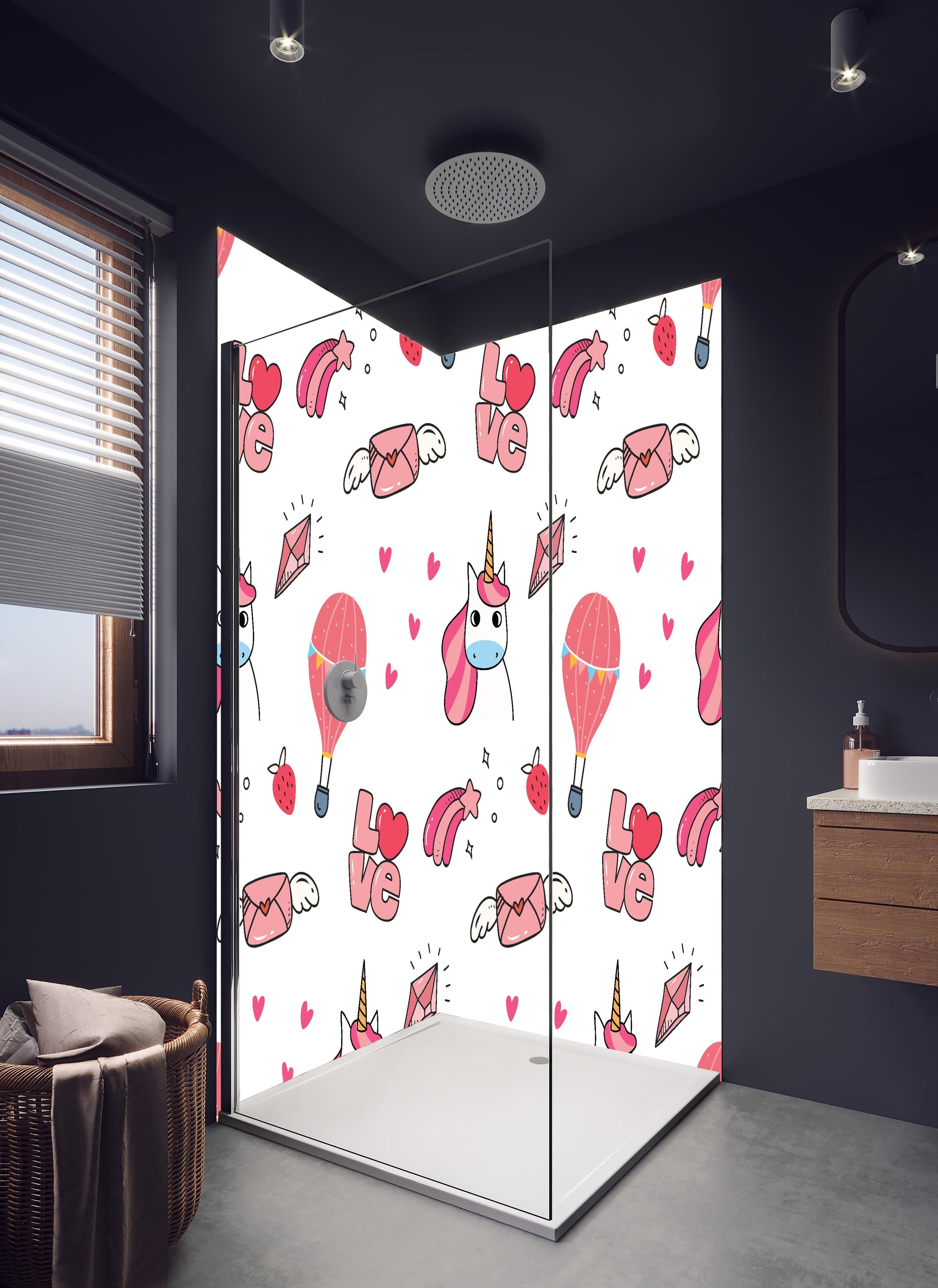 Duschrückwand - Niedliches Einhorn Love Balloon Musterdesign in hellem Badezimmer mit Regenduschkopf - zweiteilige Eck-Duschrückwand