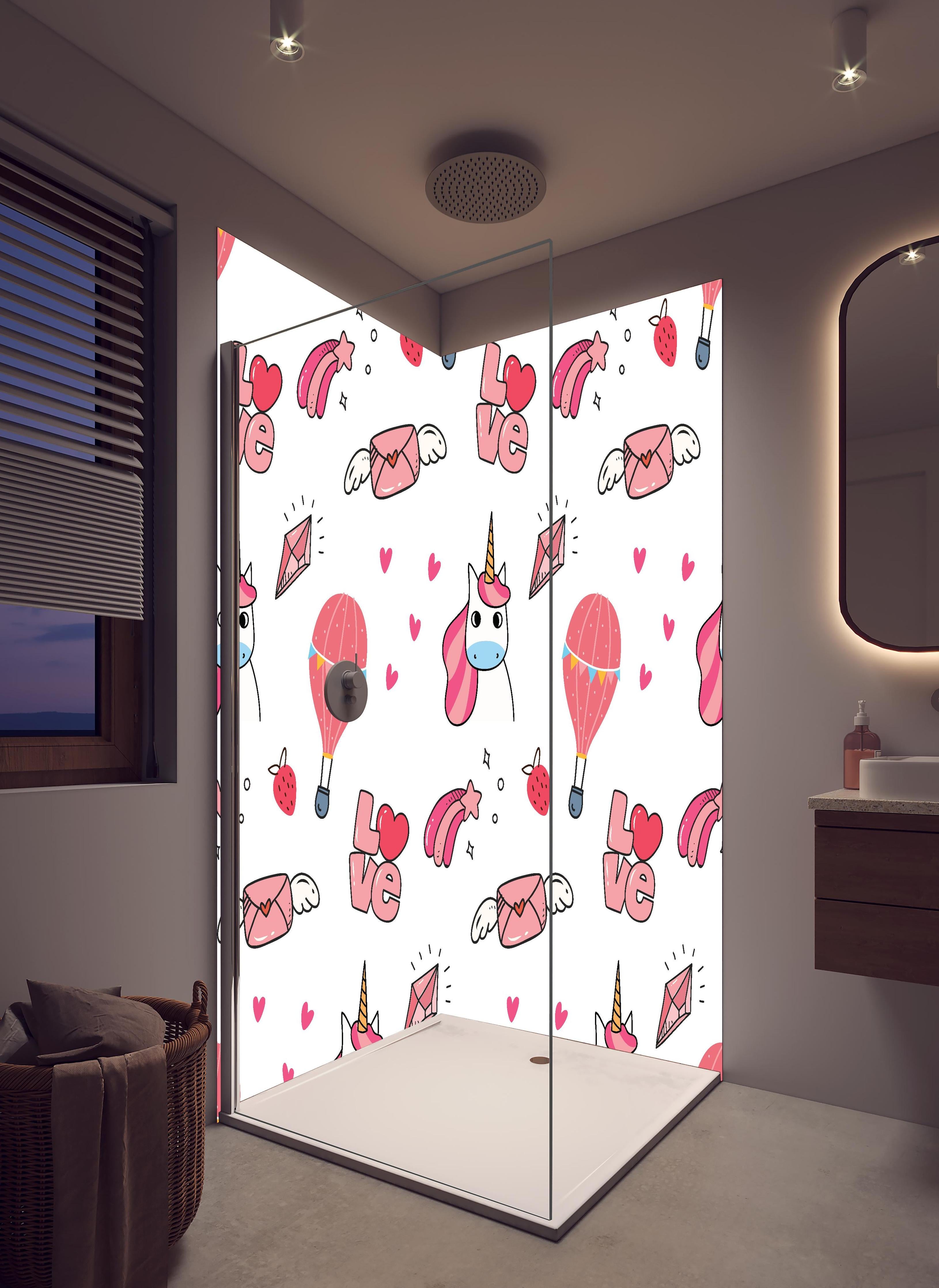 Duschrückwand - Niedliches Einhorn Love Balloon Musterdesign in hellem Badezimmer mit Regenduschkopf - zweiteilige Eck-Duschrückwand