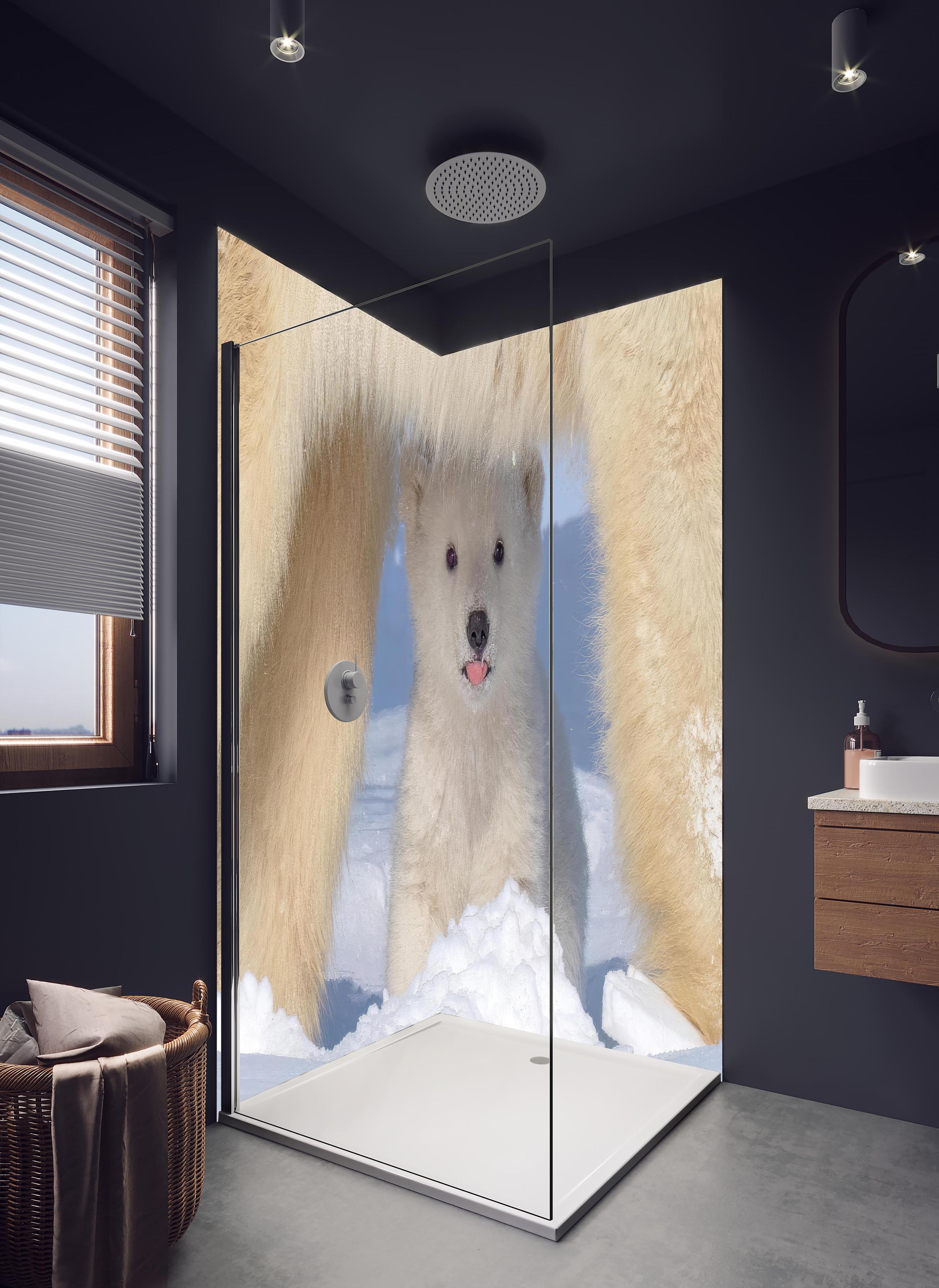 Duschrückwand - Niedliches Jungtier - Eisbär in hellem Badezimmer mit Regenduschkopf - zweiteilige Eck-Duschrückwand