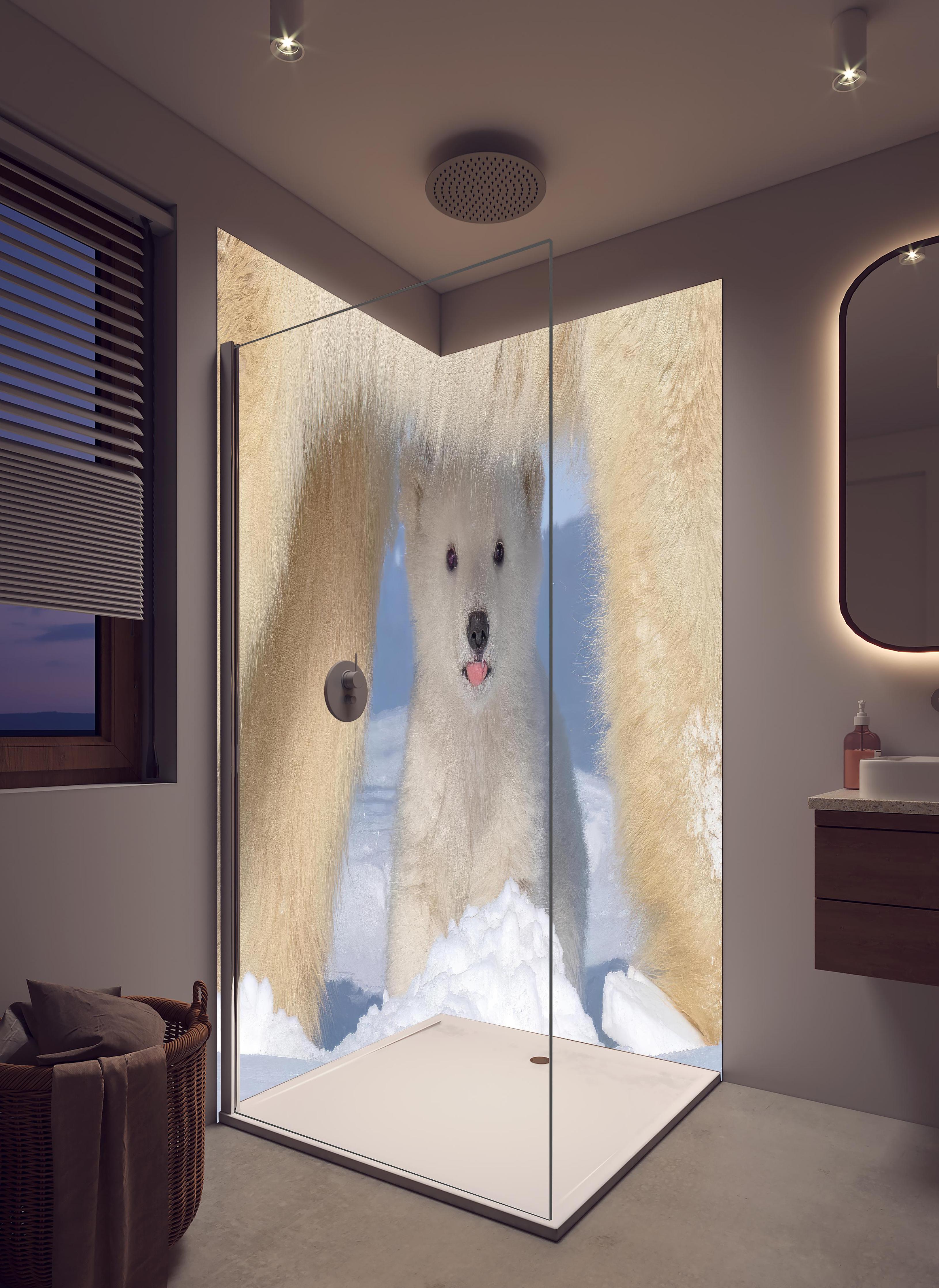 Duschrückwand - Niedliches Jungtier - Eisbär in hellem Badezimmer mit Regenduschkopf - zweiteilige Eck-Duschrückwand