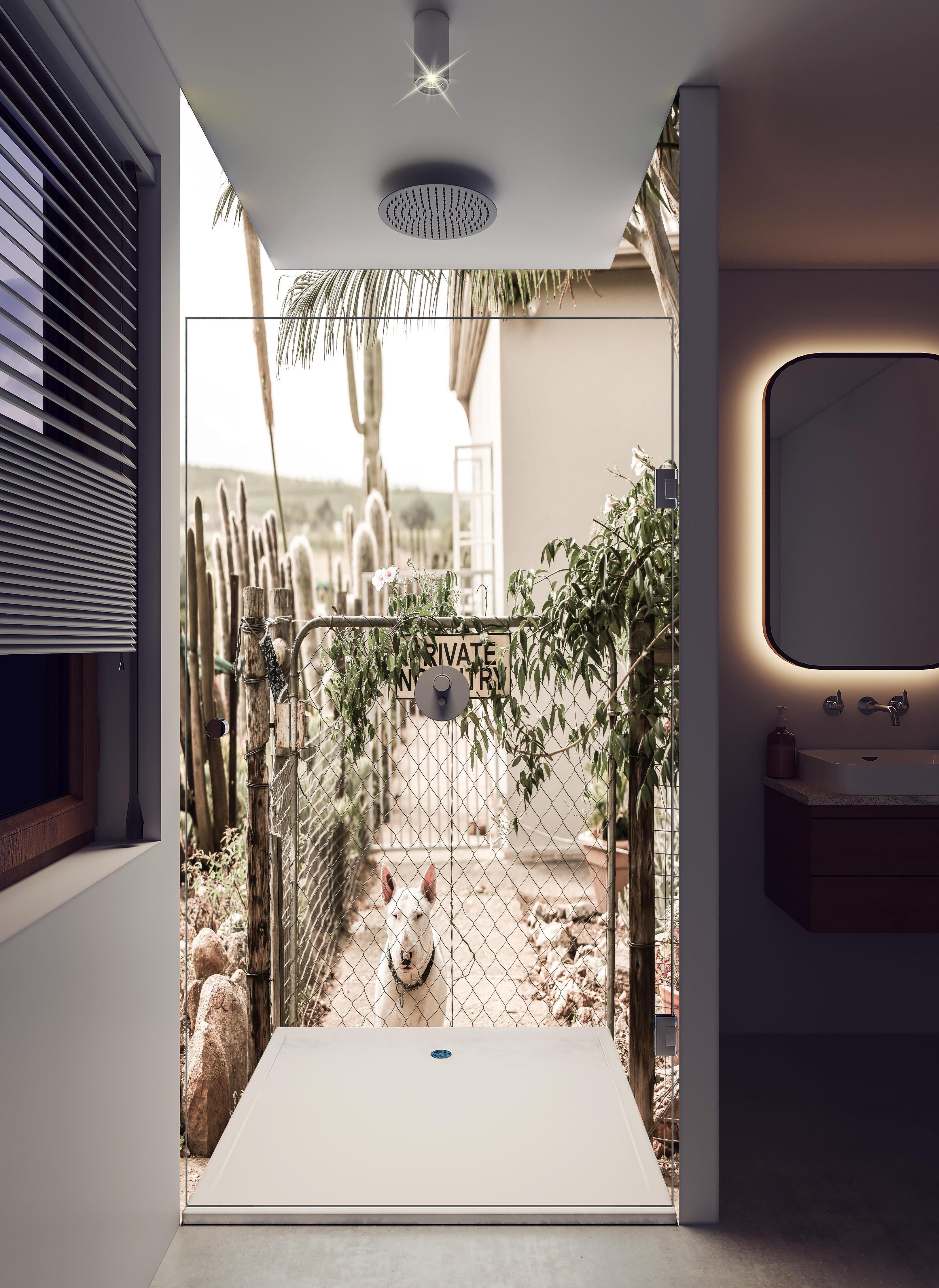 Duschrückwand - No Entry - älterlicher Eingang in hellem Badezimmer mit Regenduschkopf - zweiteilige Eck-Duschrückwand