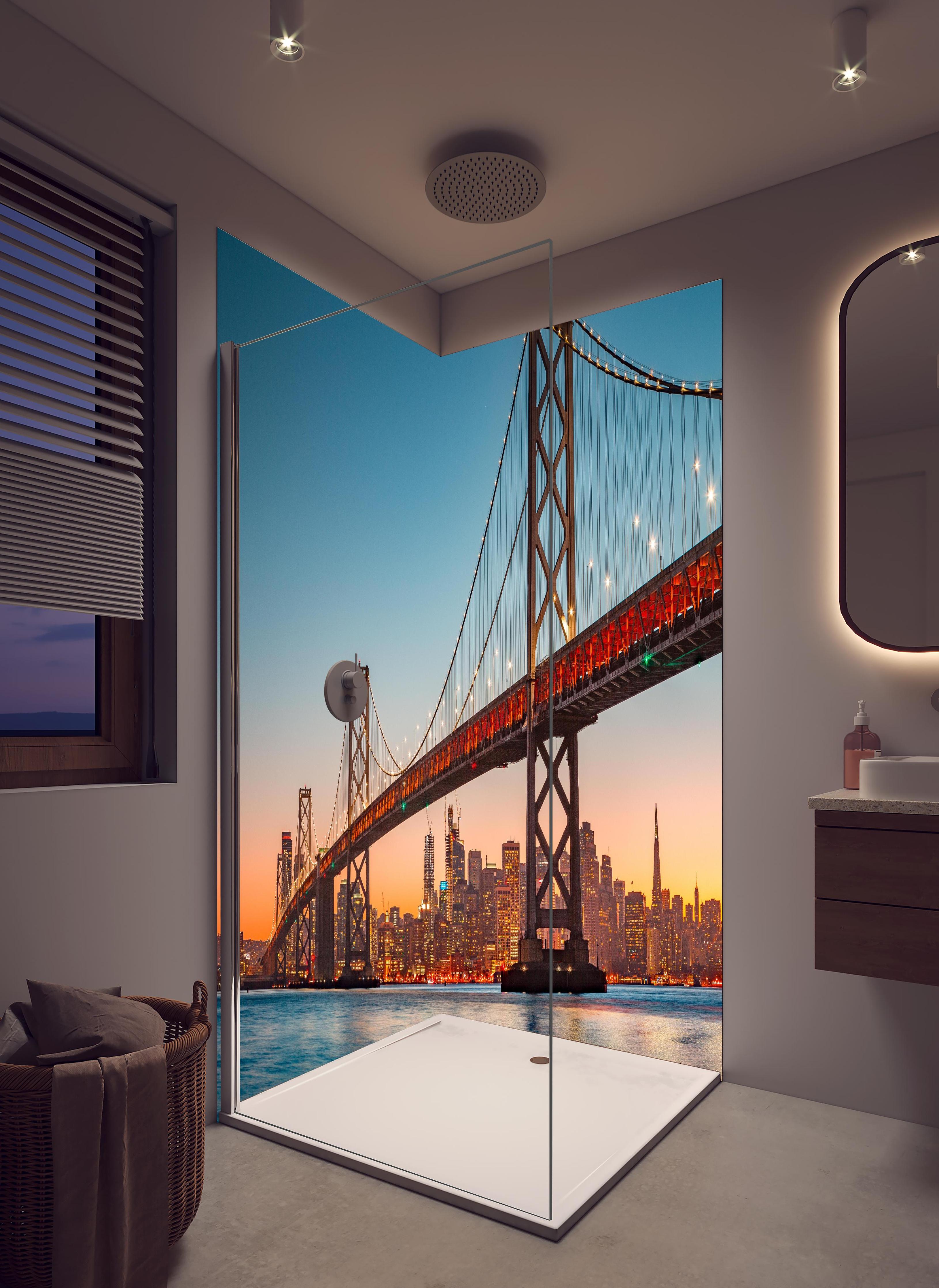 Duschrückwand - Oakland Bay Bridge bei Abendsonne in hellem Badezimmer mit Regenduschkopf - zweiteilige Eck-Duschrückwand