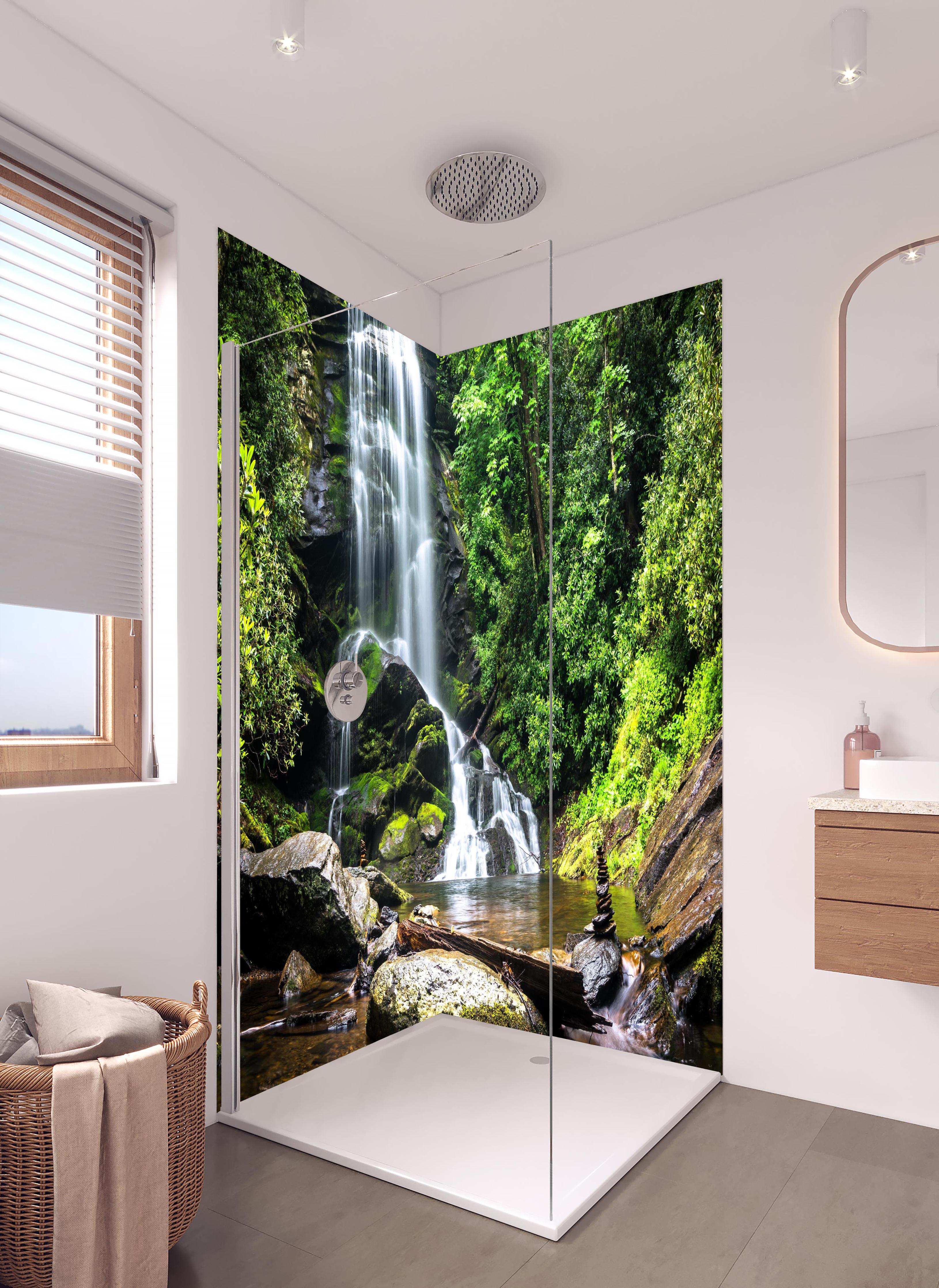 Duschrückwand - Obere Catabwa-Fälle in Pisgah in hellem Badezimmer mit Regenduschkopf - zweiteilige Eck-Duschrückwand