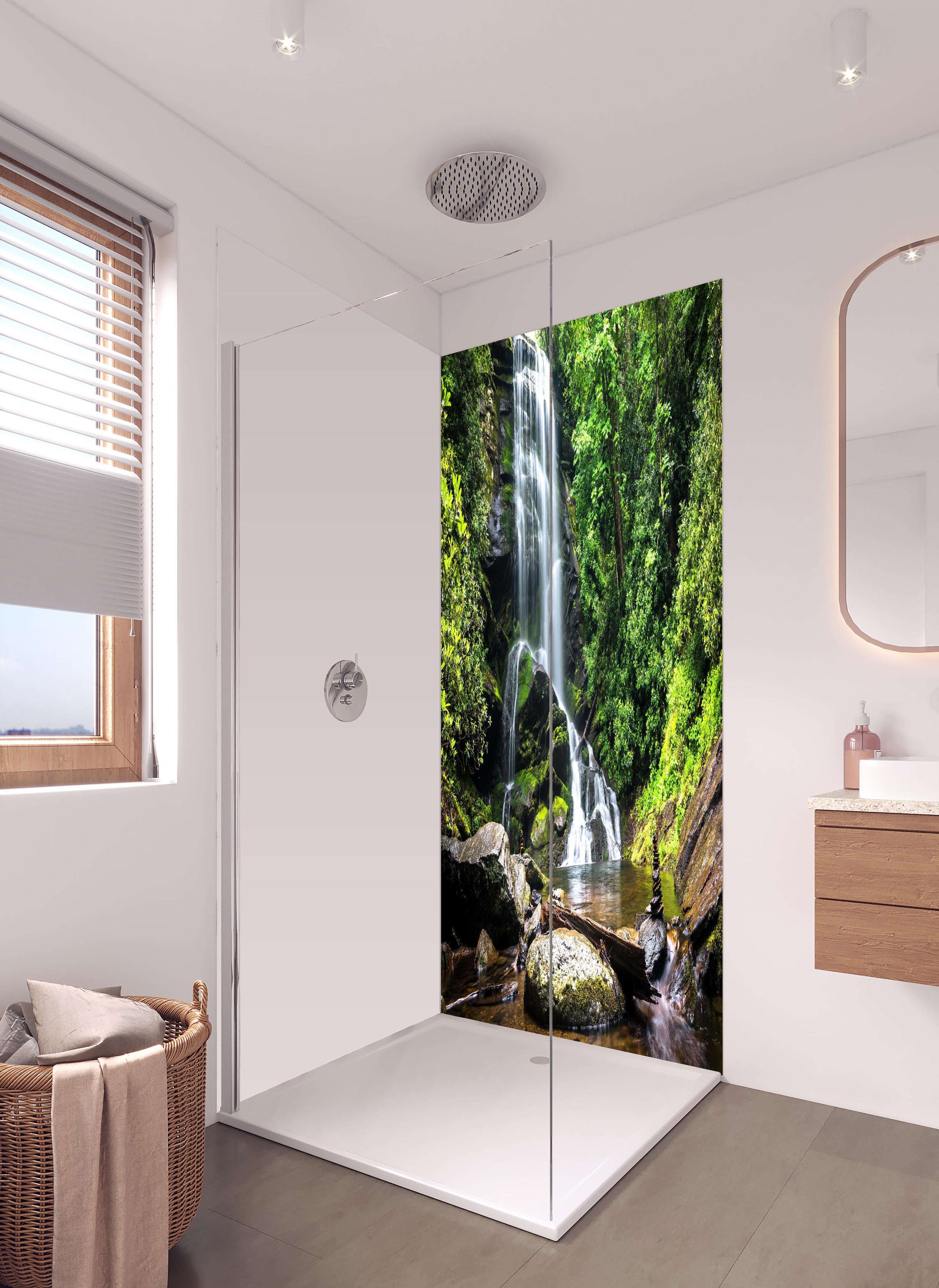 Duschrückwand - Obere Catabwa-Fälle in Pisgah in hellem Badezimmer mit Regenduschkopf - zweiteilige Eck-Duschrückwand