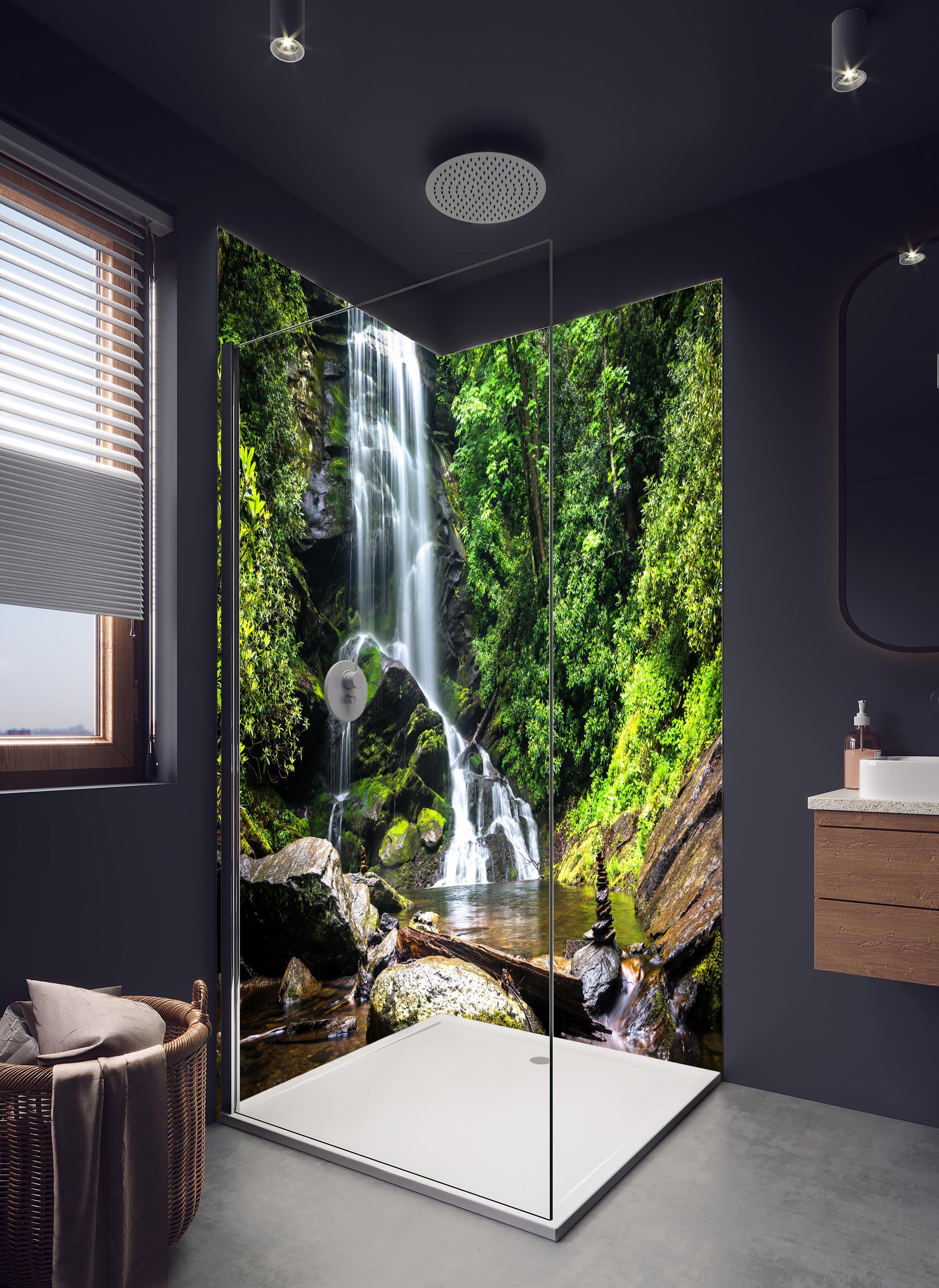 Duschrückwand - Obere Catabwa-Fälle in Pisgah in hellem Badezimmer mit Regenduschkopf - zweiteilige Eck-Duschrückwand