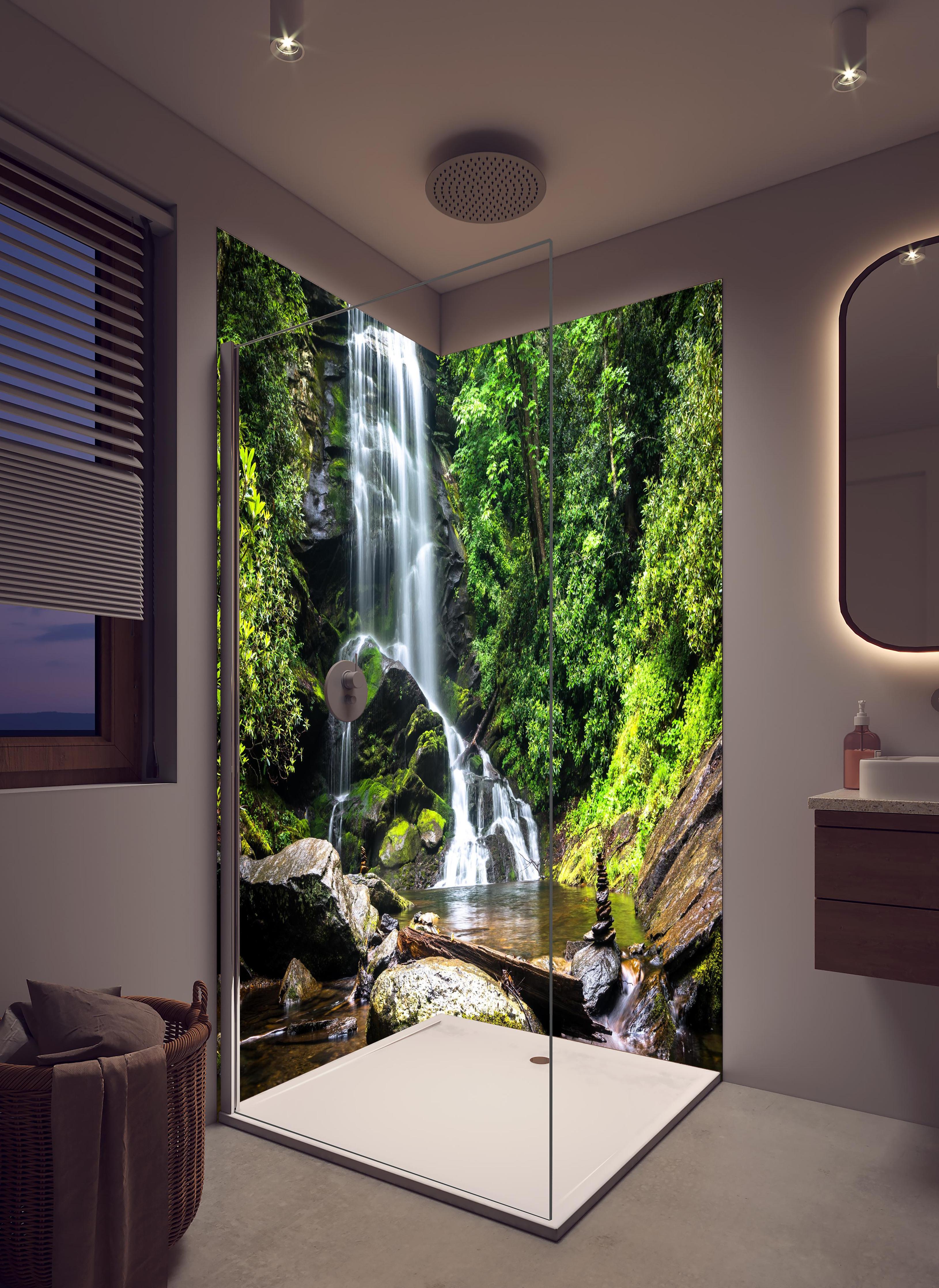 Duschrückwand - Obere Catabwa-Fälle in Pisgah in hellem Badezimmer mit Regenduschkopf - zweiteilige Eck-Duschrückwand