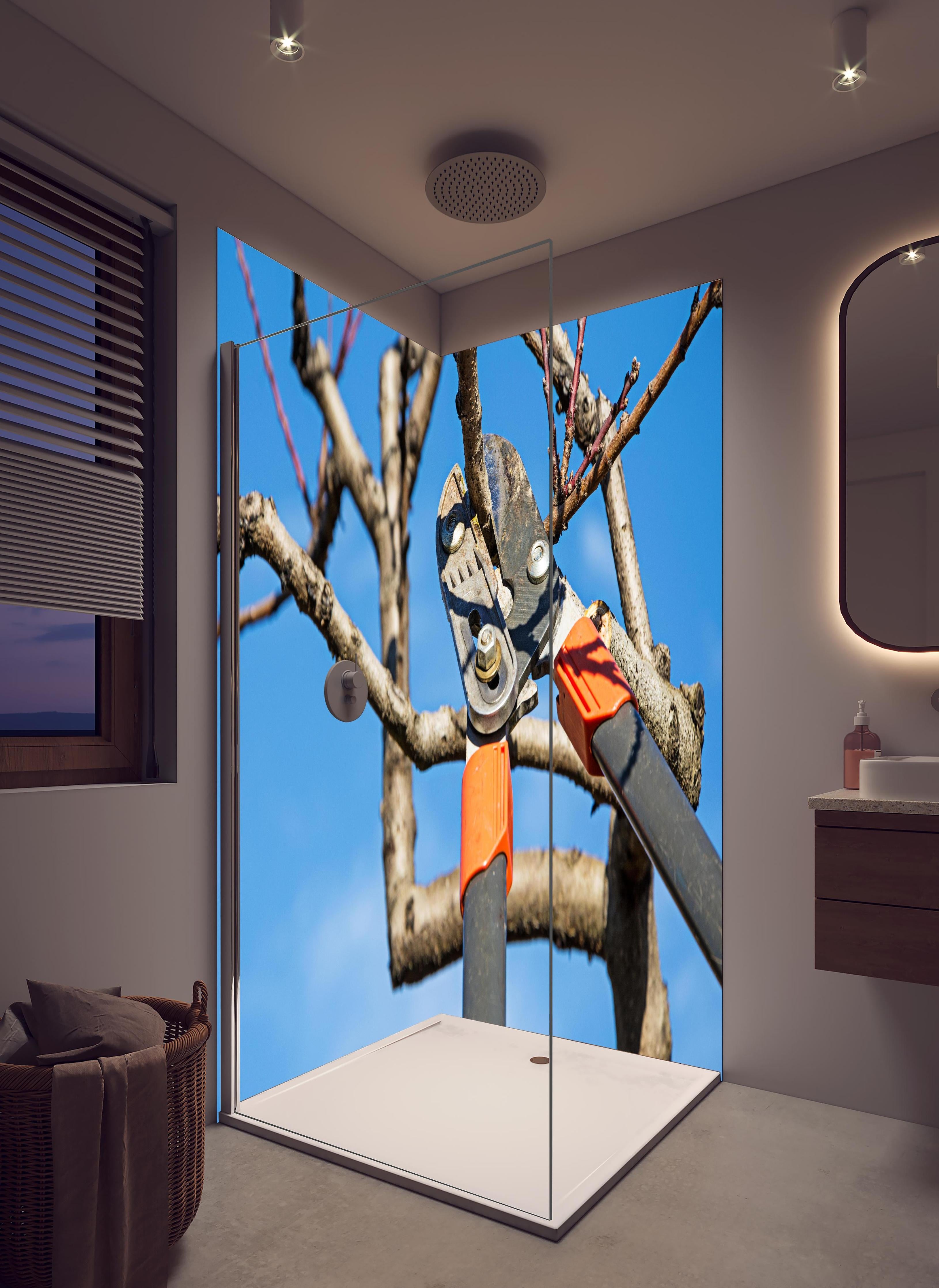 Duschrückwand - Obstbaums - Gartenschere in hellem Badezimmer mit Regenduschkopf - zweiteilige Eck-Duschrückwand