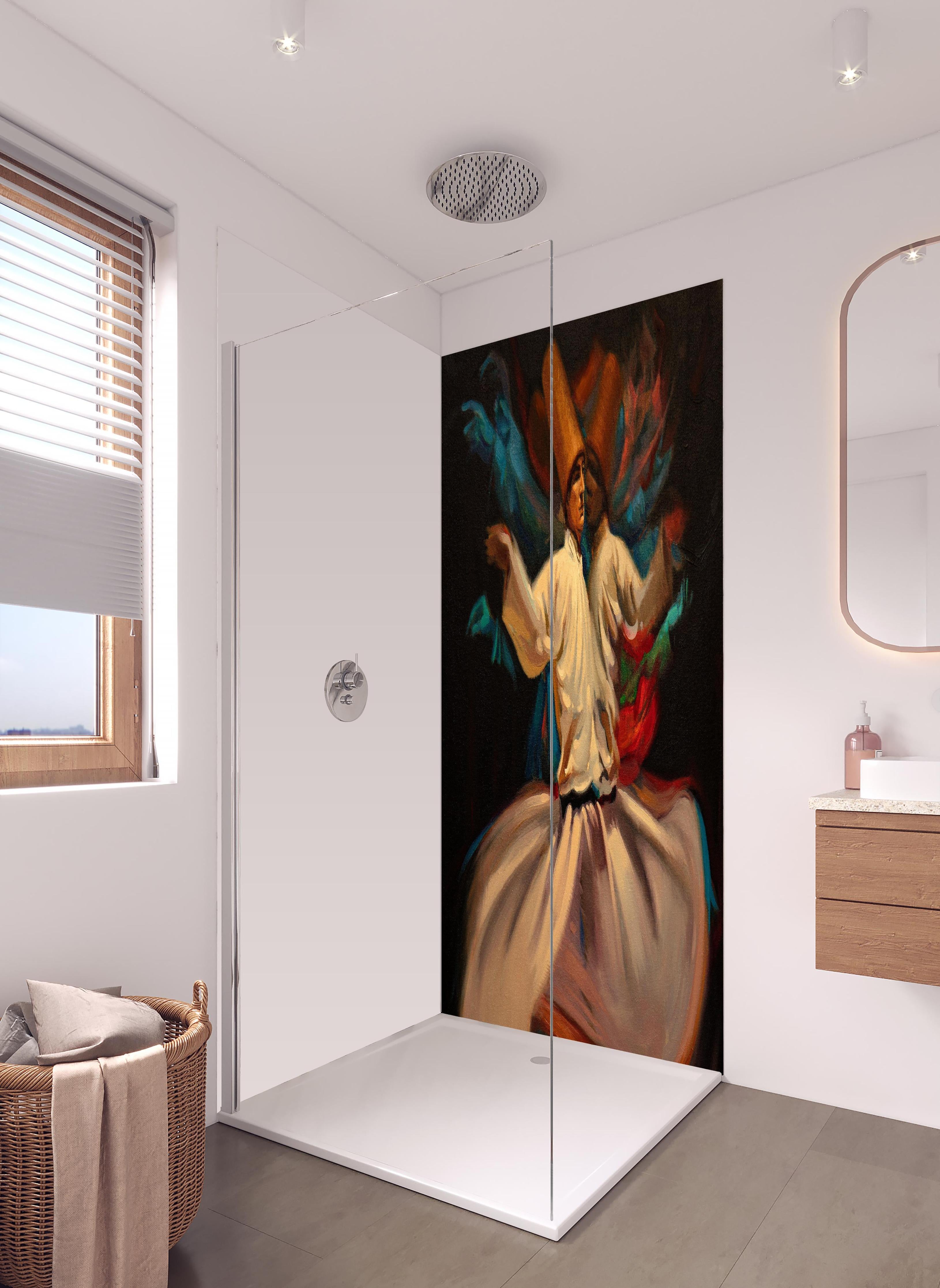 Duschrückwand - Ölgemälde - tanzender Derwisch in hellem Badezimmer mit Regenduschkopf - zweiteilige Eck-Duschrückwand