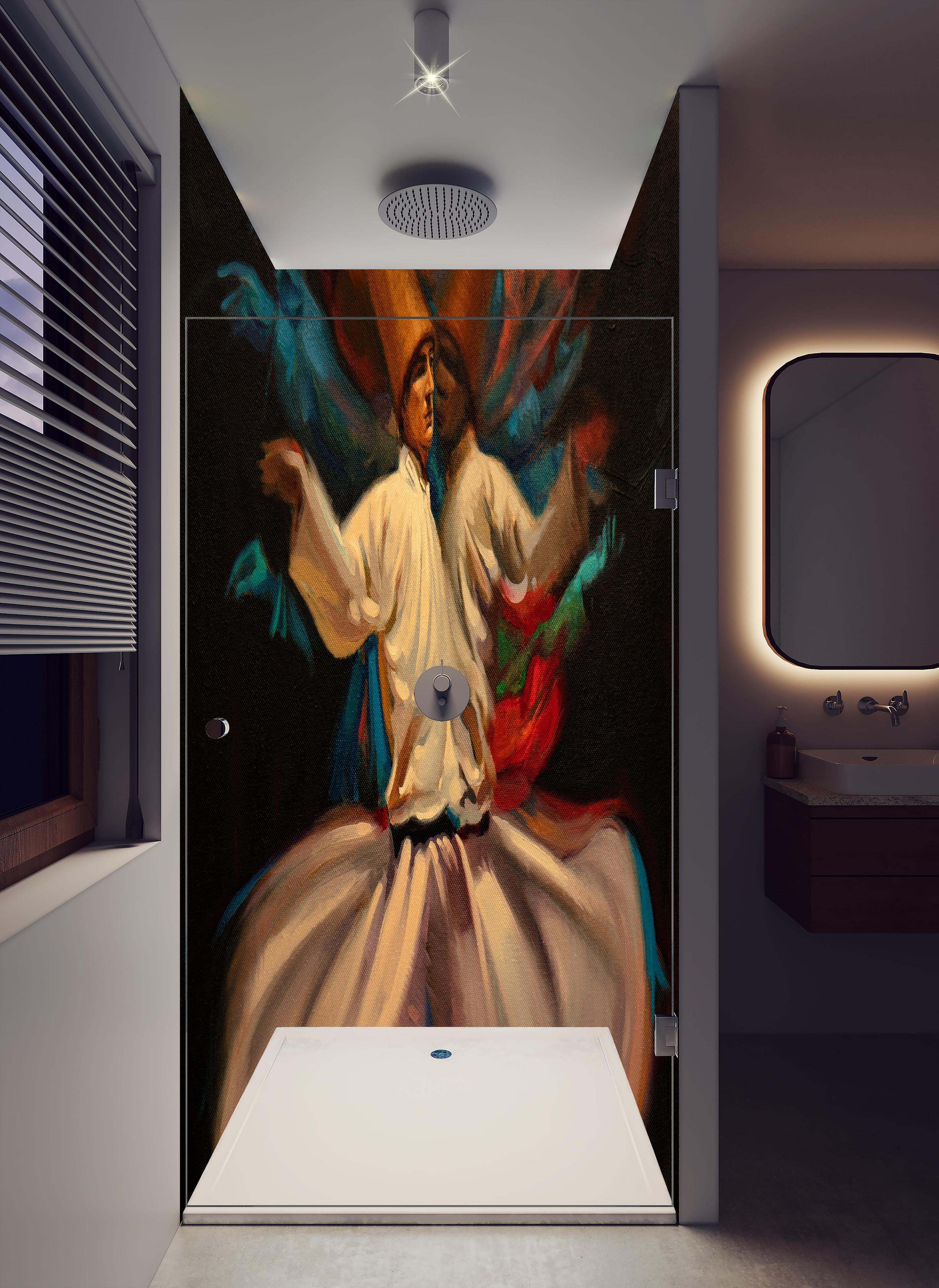 Duschrückwand - Ölgemälde - tanzender Derwisch in hellem Badezimmer mit Regenduschkopf - zweiteilige Eck-Duschrückwand