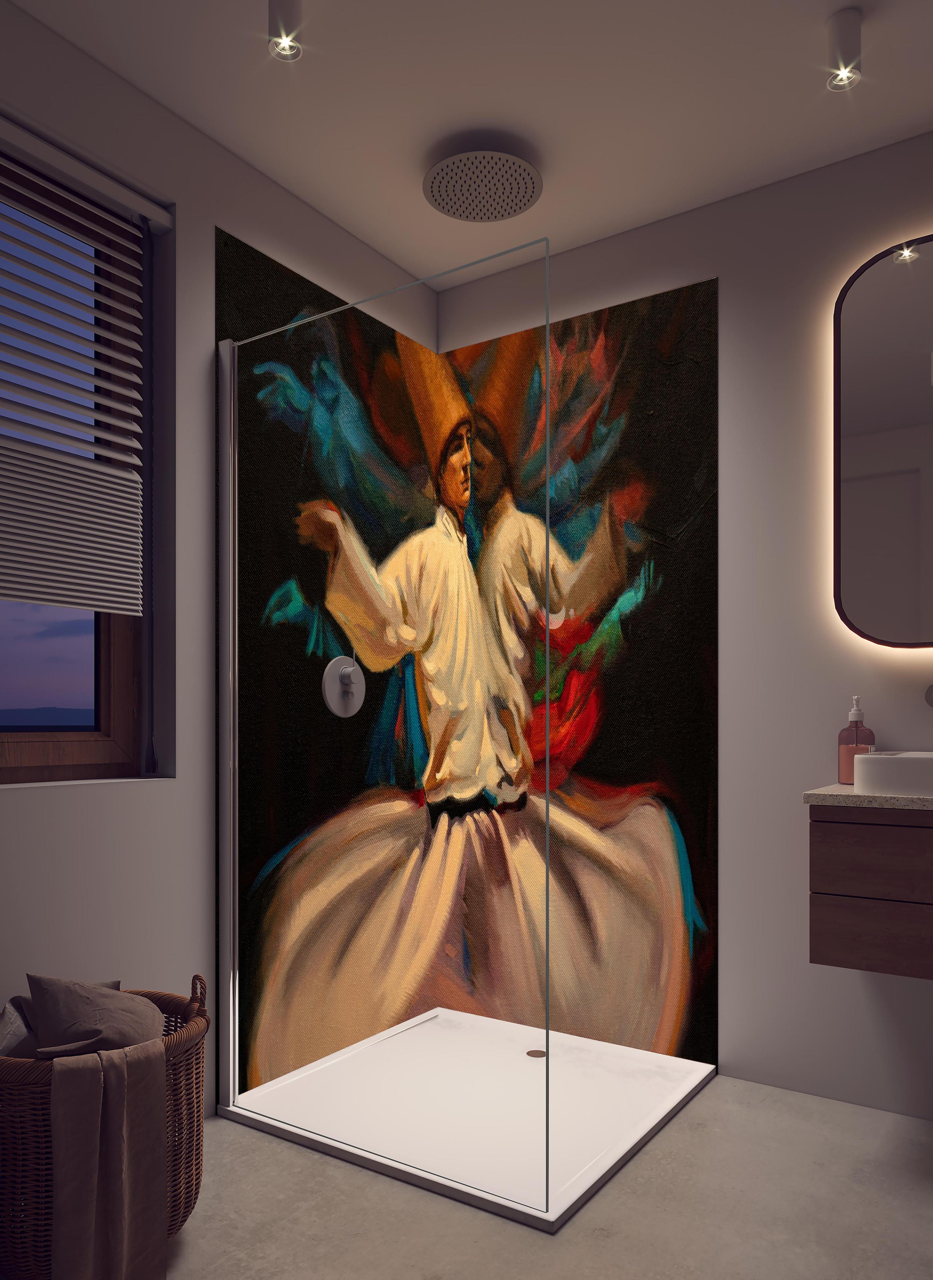 Duschrückwand - Ölgemälde - tanzender Derwisch in hellem Badezimmer mit Regenduschkopf - zweiteilige Eck-Duschrückwand