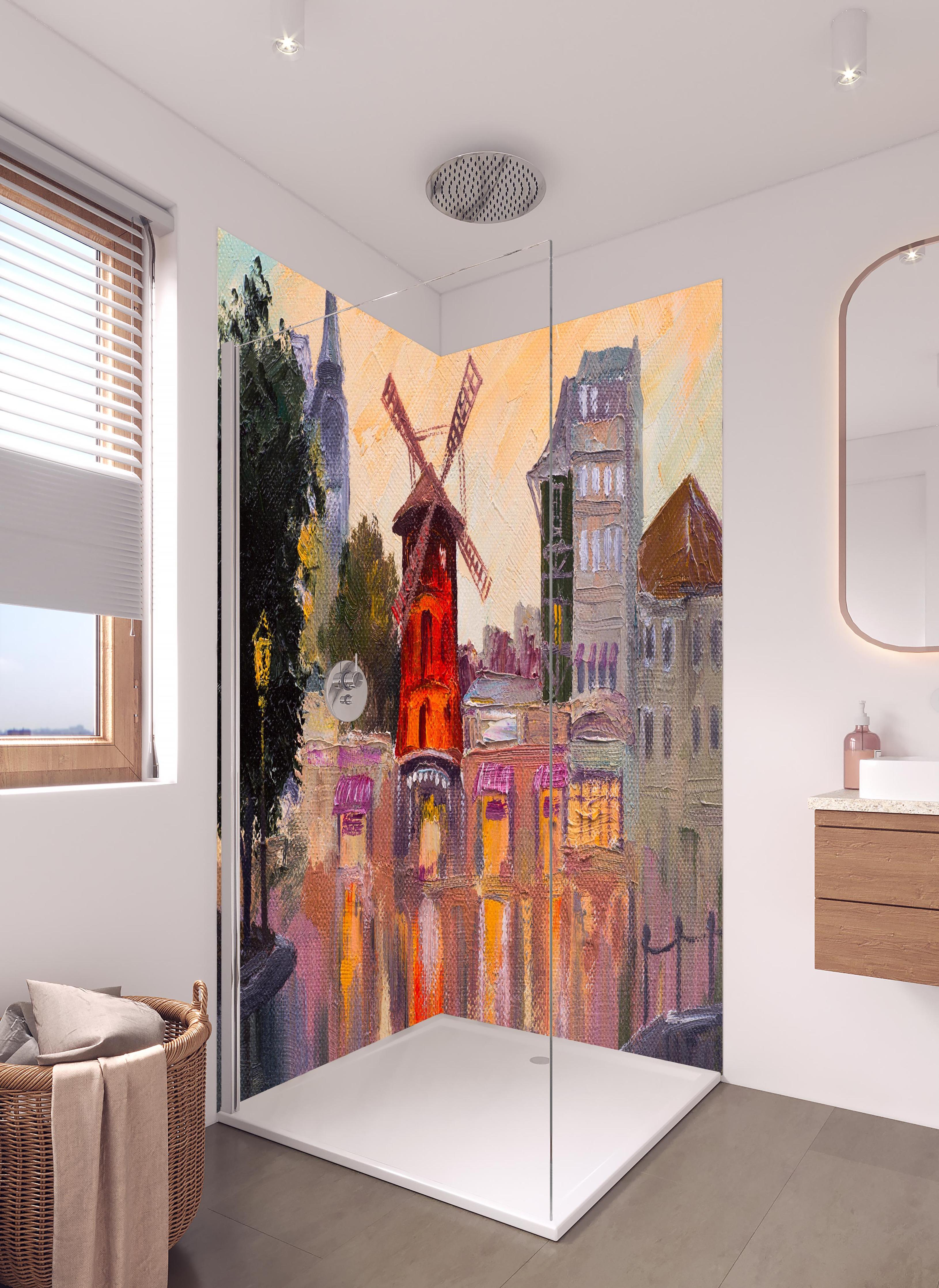 Duschrückwand - Ölgemälde Stadtbild - Moulin rouge in hellem Badezimmer mit Regenduschkopf - zweiteilige Eck-Duschrückwand
