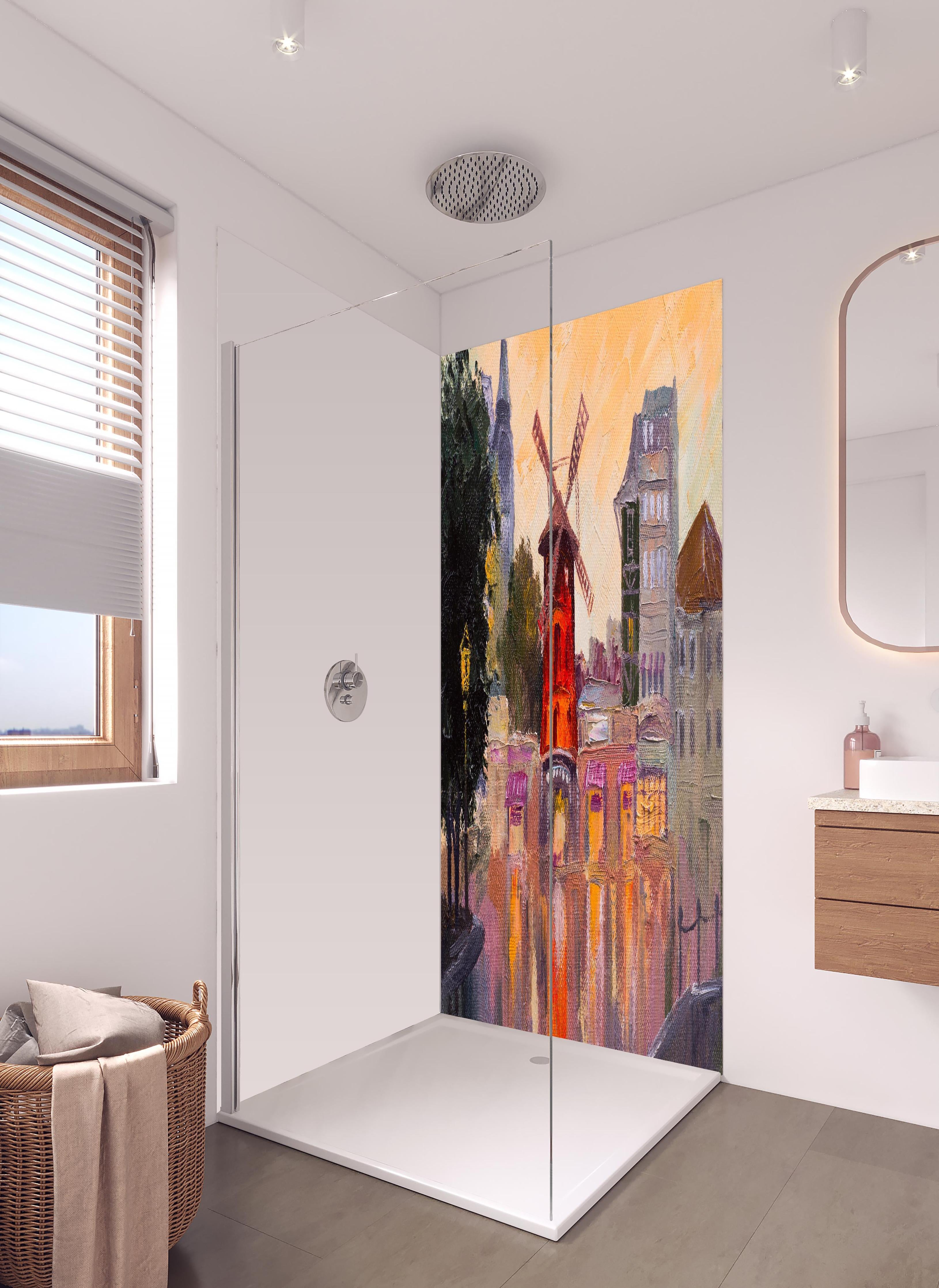 Duschrückwand - Ölgemälde Stadtbild - Moulin rouge in hellem Badezimmer mit Regenduschkopf - zweiteilige Eck-Duschrückwand