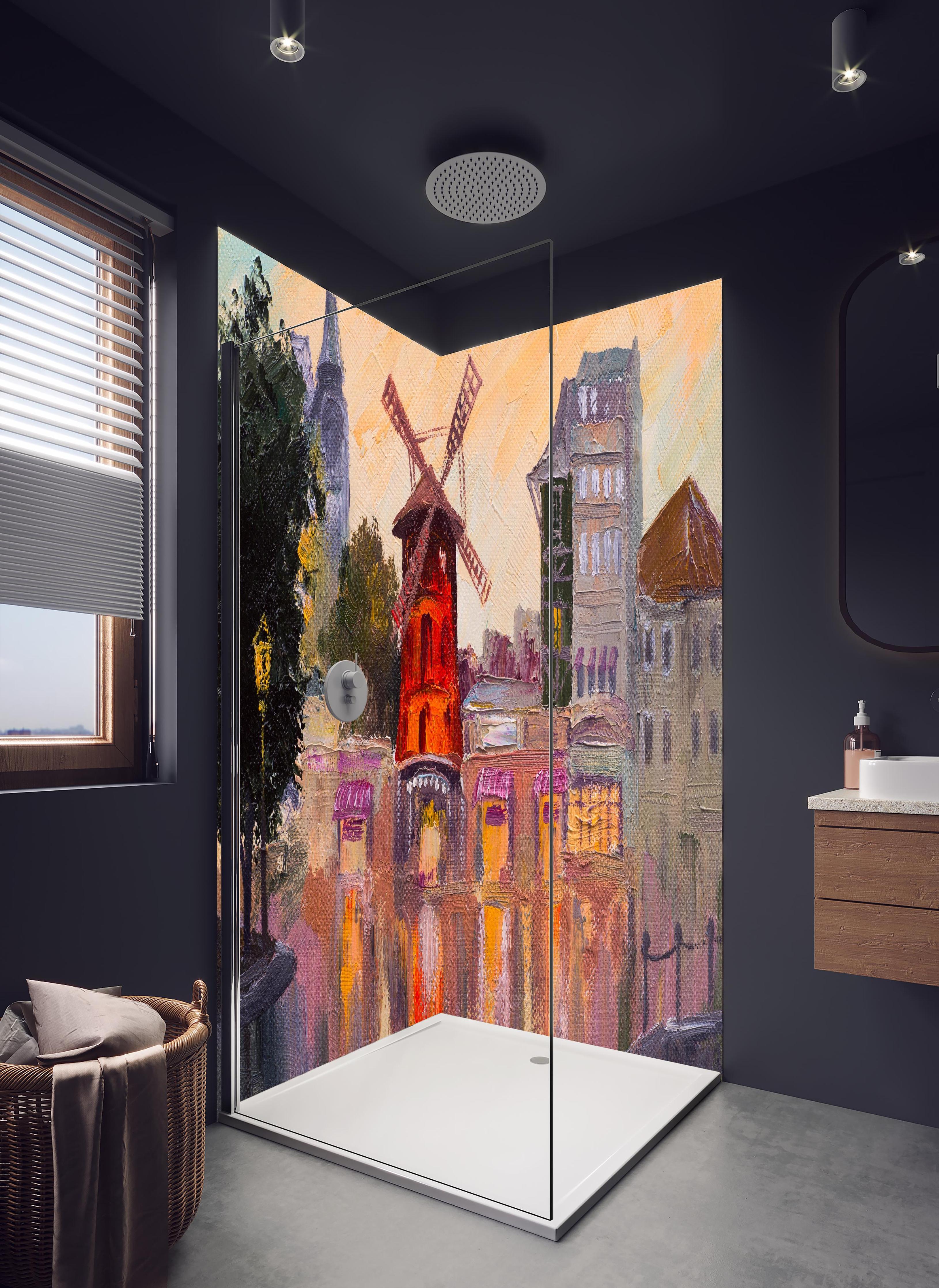 Duschrückwand - Ölgemälde Stadtbild - Moulin rouge in hellem Badezimmer mit Regenduschkopf - zweiteilige Eck-Duschrückwand