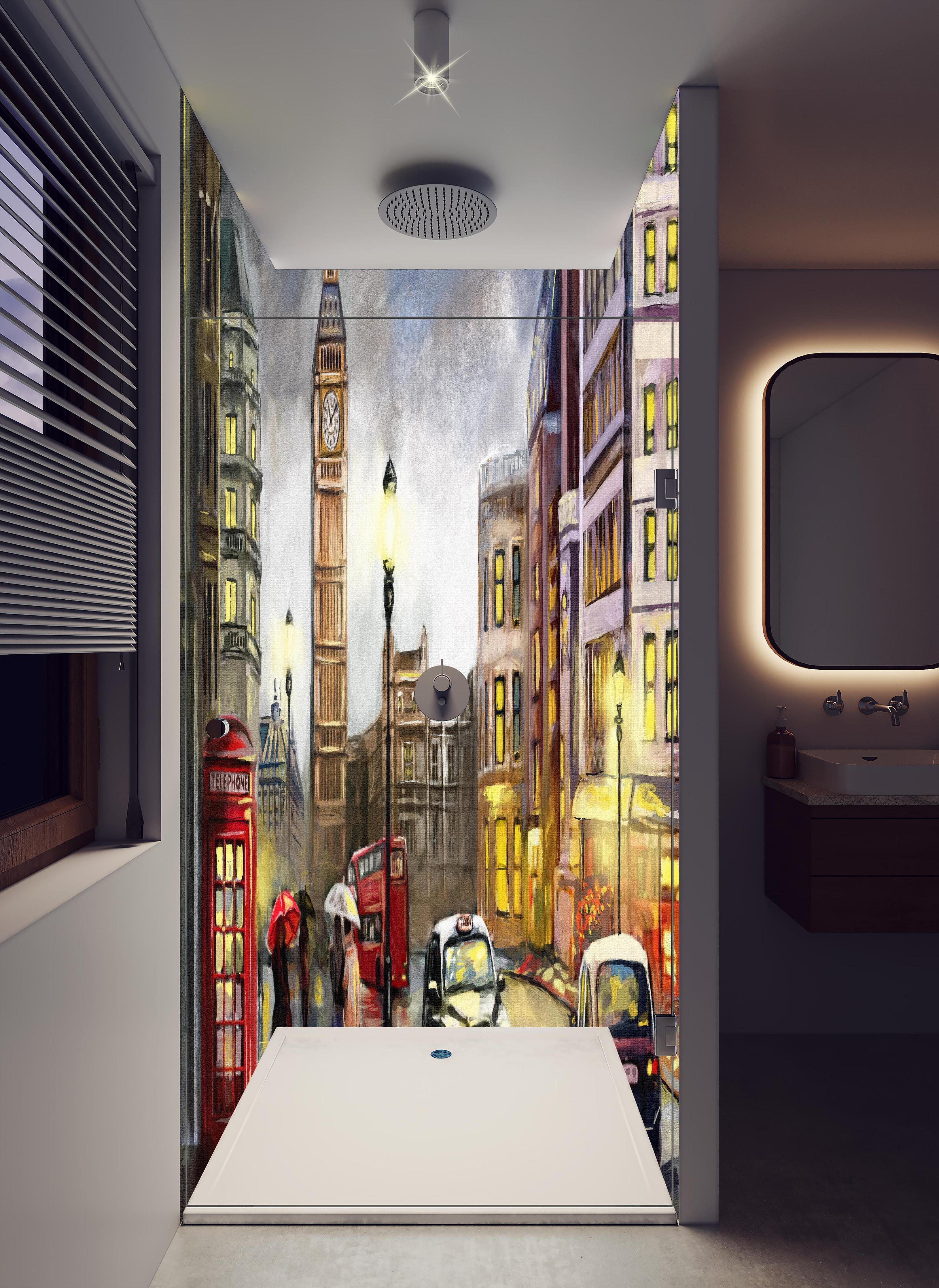 Duschrückwand - Ölgemälde von Londoner Innenstadt in hellem Badezimmer mit Regenduschkopf - zweiteilige Eck-Duschrückwand